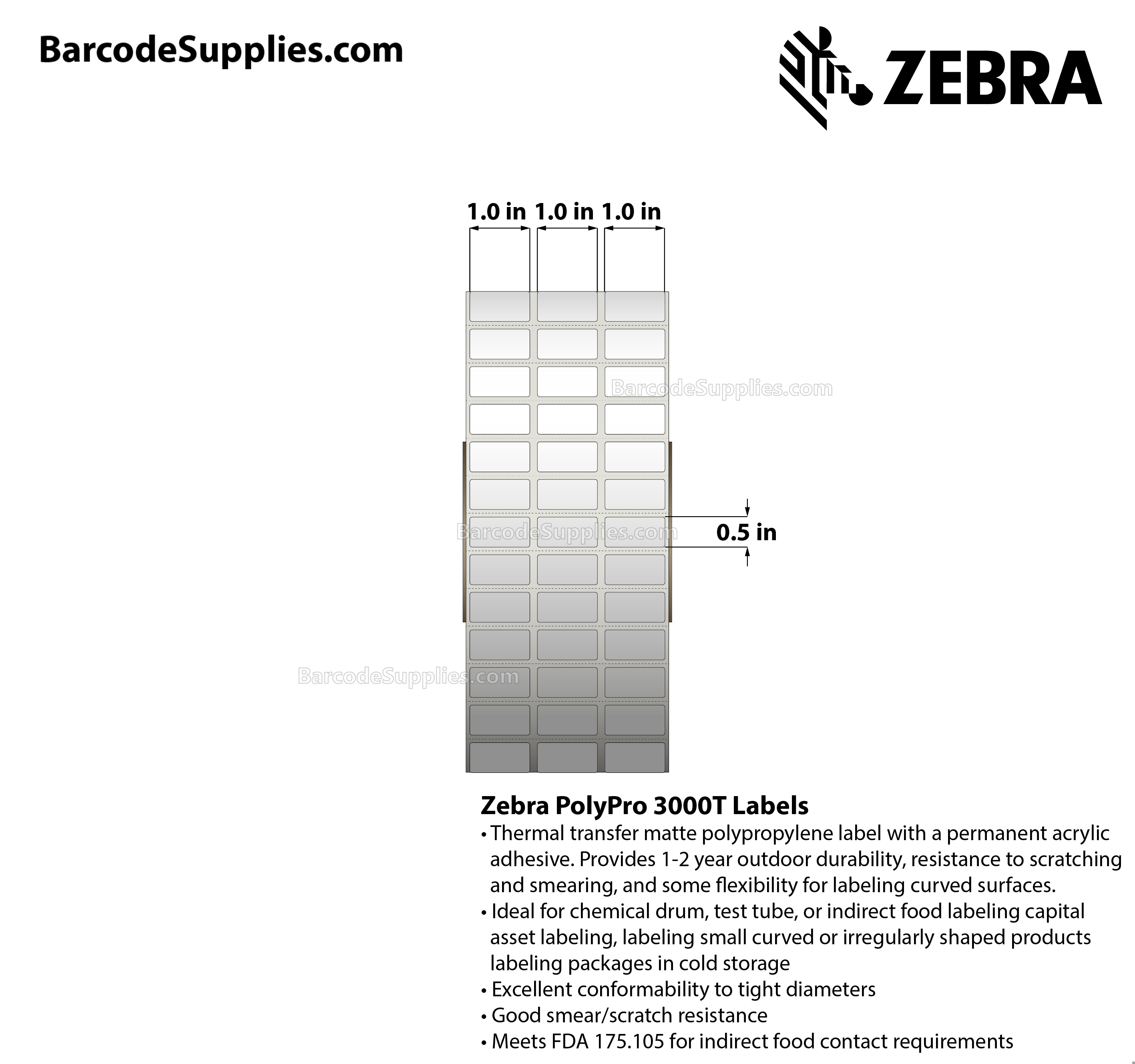 1 x 0.5 Thermal Transfer White PolyPro 3000T (3-Across) Labels With Permanent Adhesive - Perforated - 10002 Labels Per Roll - Carton Of 4 Rolls - 40008 Labels Total - MPN: 10011987