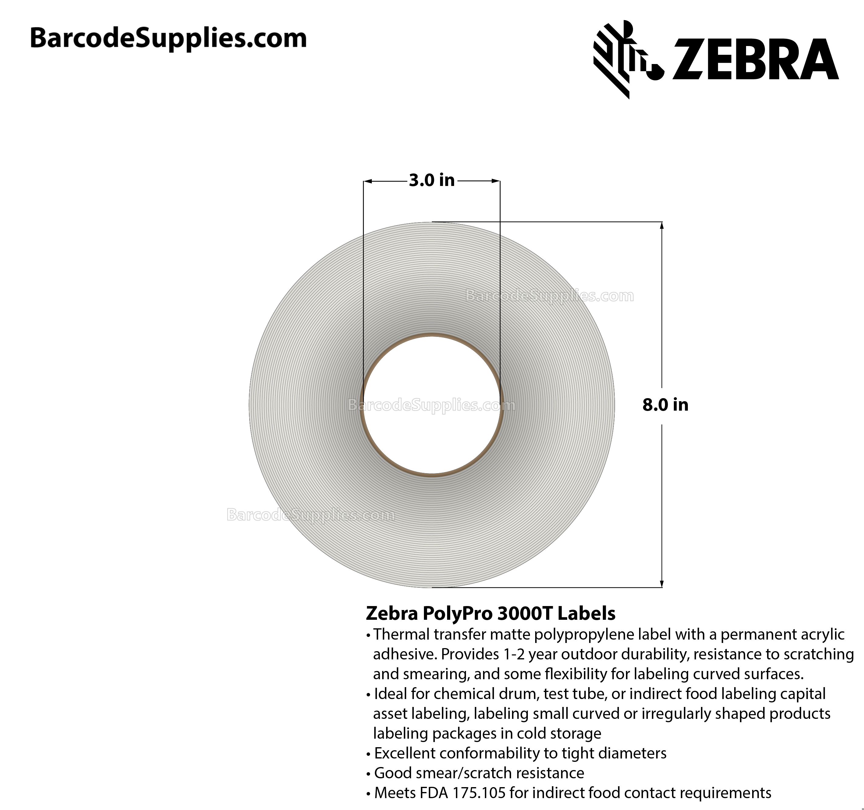 1 x 0.5 Thermal Transfer White PolyPro 3000T (3-Across) Labels With Permanent Adhesive - Perforated - 10002 Labels Per Roll - Carton Of 4 Rolls - 40008 Labels Total - MPN: 10011987