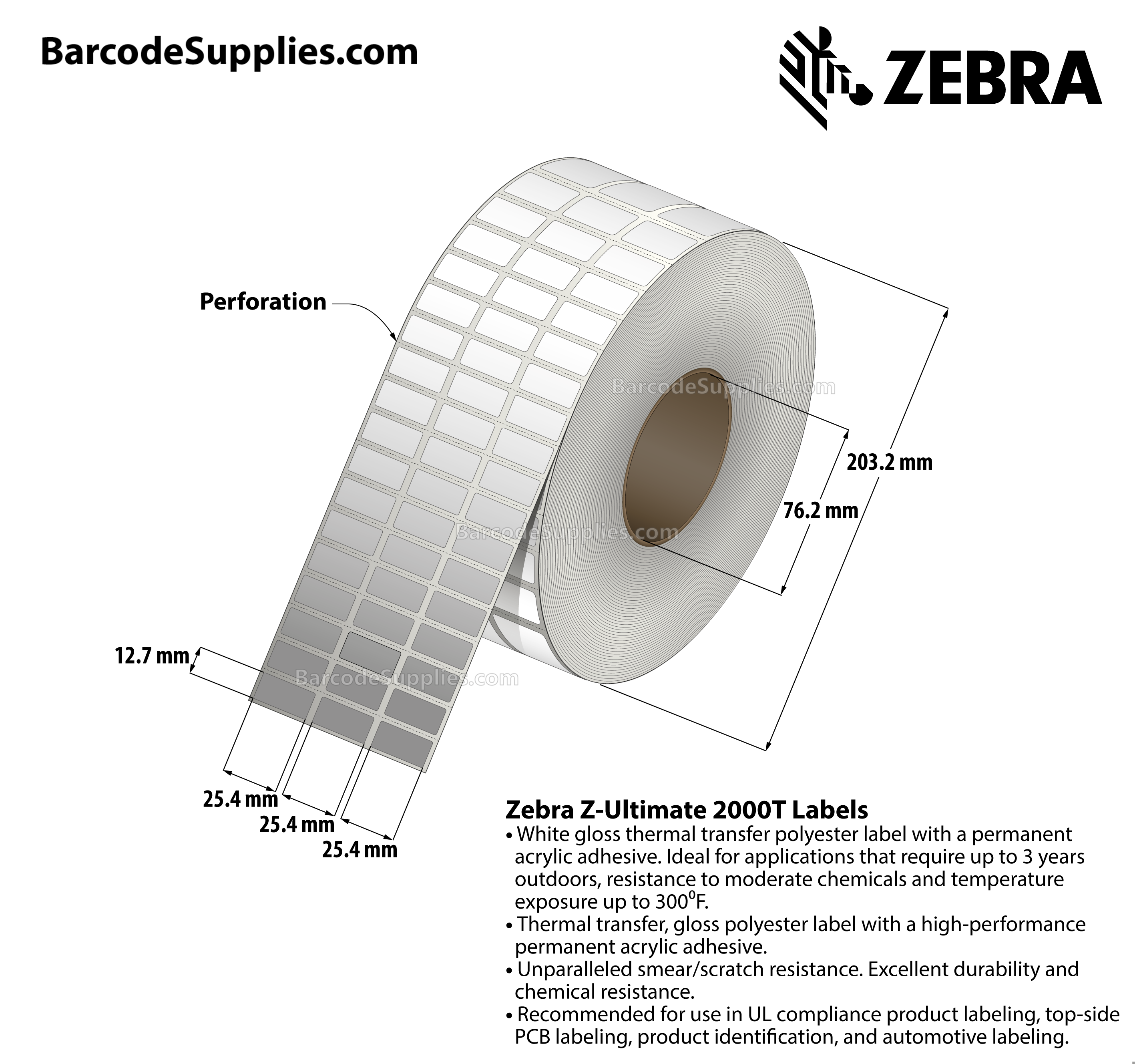 1 x 0.5 Thermal Transfer White Z-Ultimate 2000T (3-Across) Labels With Permanent Adhesive - Perforated - 10002 Labels Per Roll - Carton Of 1 Rolls - 10002 Labels Total - MPN: 10023012