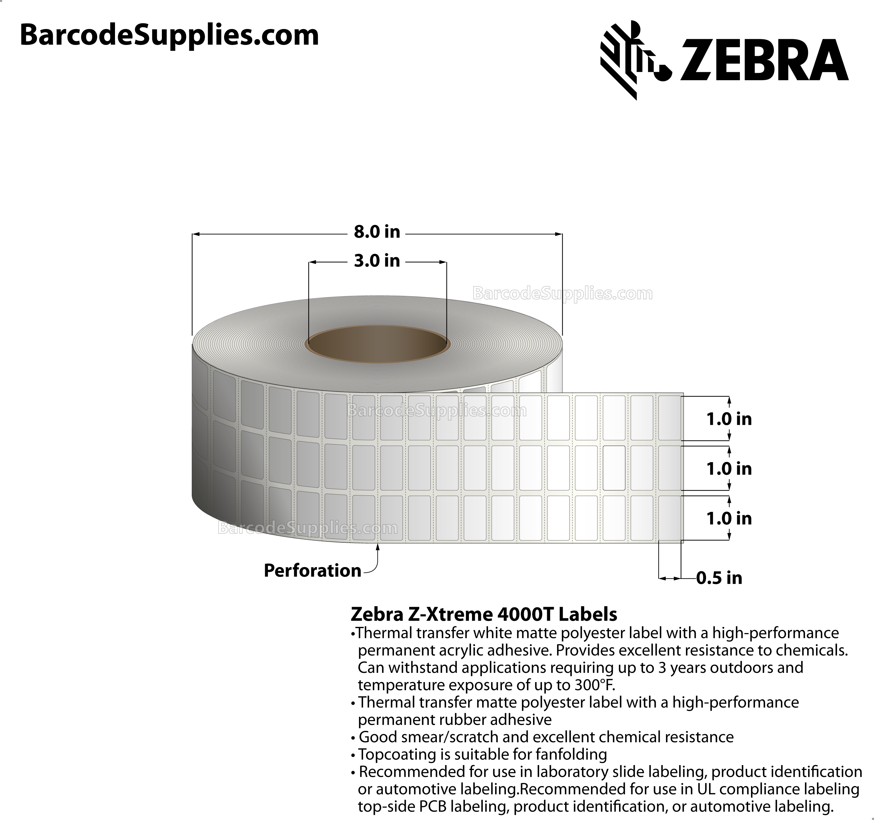 1 x 0.5 Thermal Transfer White Z-Xtreme 4000T White (3-Across) Labels With Permanent Adhesive - Perforated - 10002 Labels Per Roll - Carton Of 1 Rolls - 10002 Labels Total - MPN: 10023164