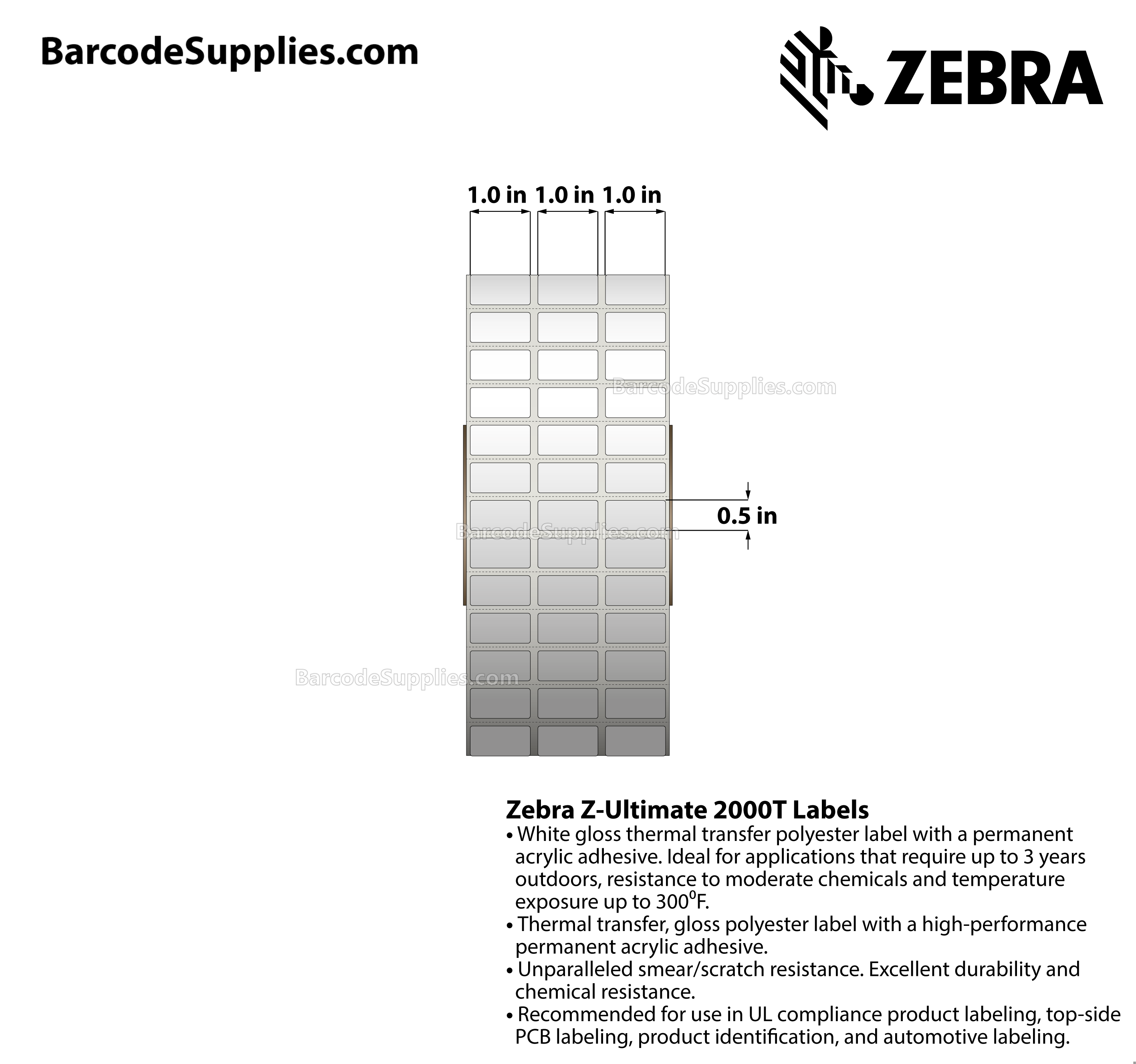 1 x 0.5 Thermal Transfer White Z-Ultimate 2000T (3-Across) Labels With Permanent Adhesive - Perforated - 10002 Labels Per Roll - Carton Of 1 Rolls - 10002 Labels Total - MPN: 10023012