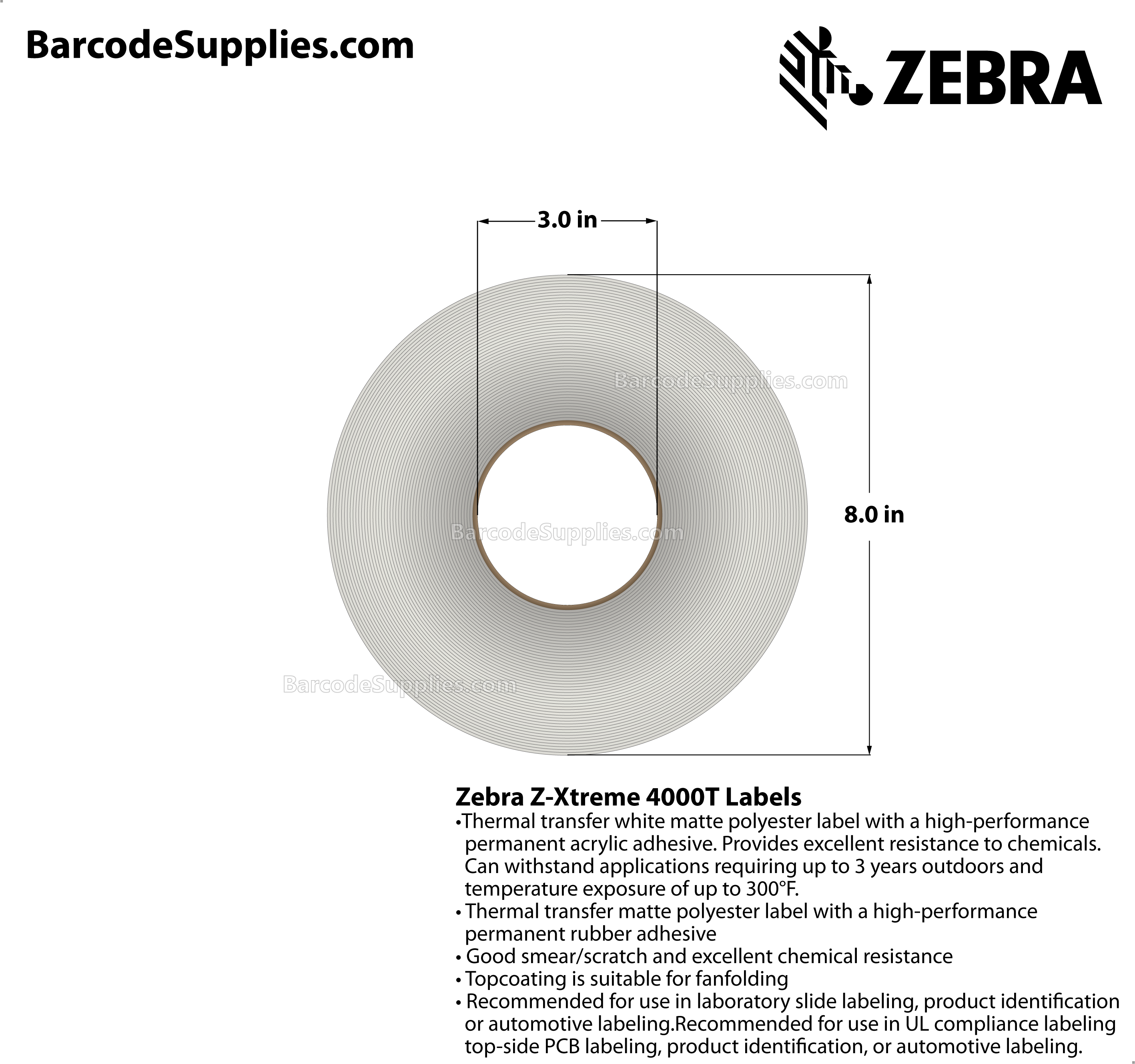 1 x 0.5 Thermal Transfer White Z-Xtreme 4000T White (3-Across) Labels With Permanent Adhesive - Perforated - 10002 Labels Per Roll - Carton Of 1 Rolls - 10002 Labels Total - MPN: 10023164