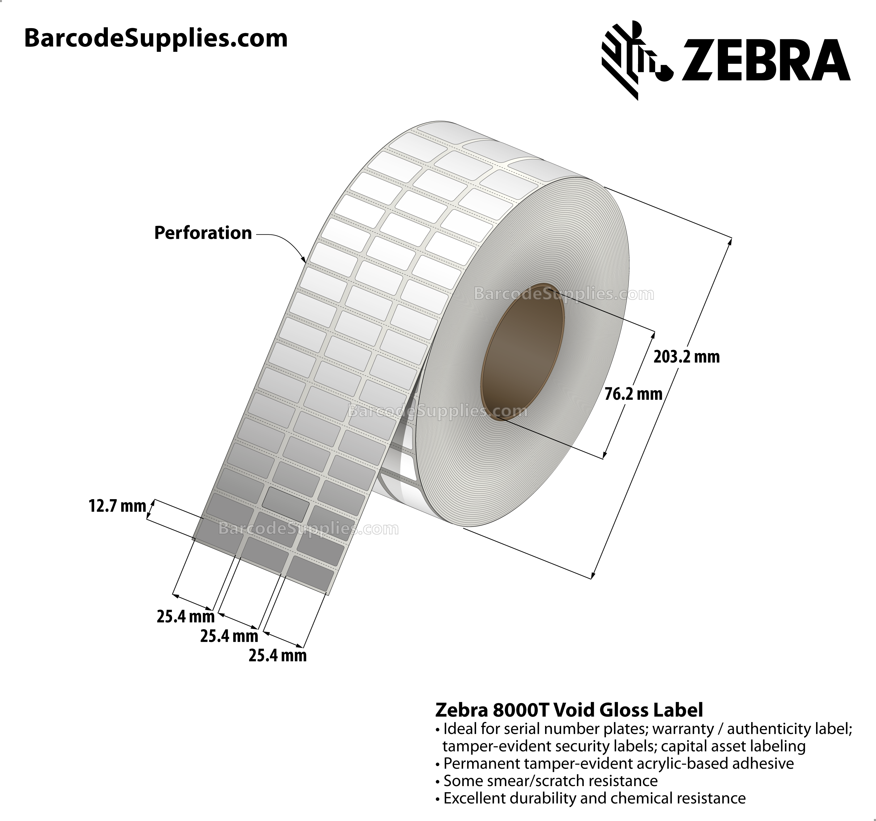 1 x 0.5 Thermal Transfer White 8000T Void Gloss (3-Across) Labels With Tamper-evident Adhesive - Perforated - 10002 Labels Per Roll - Carton Of 1 Rolls - 10002 Labels Total - MPN: 10023255