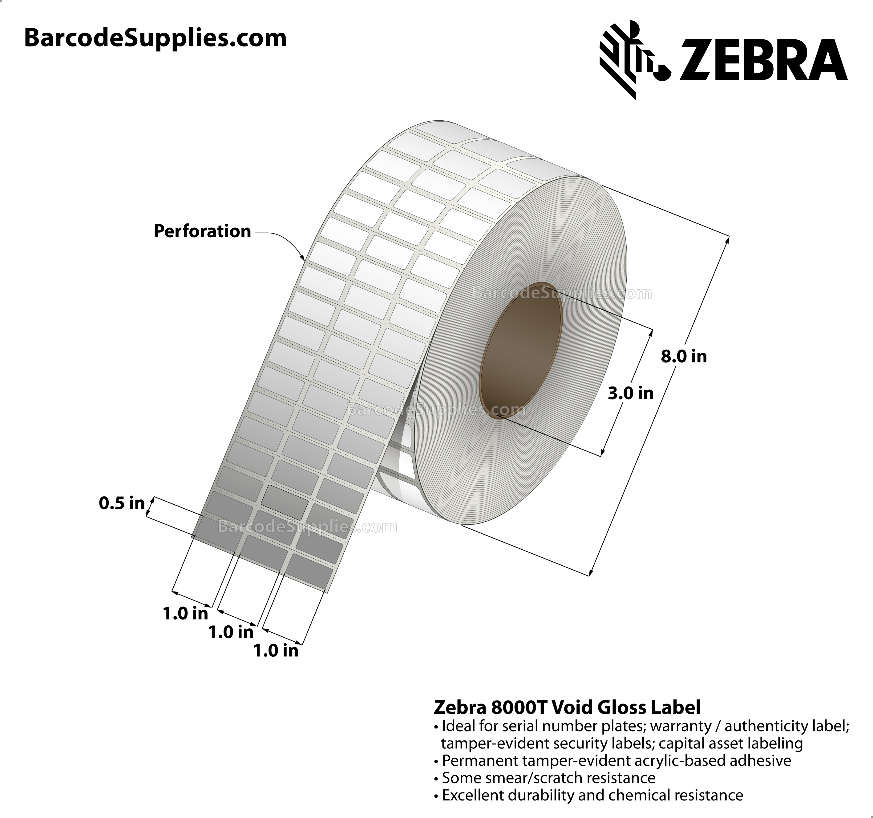 1 x 0.5 Thermal Transfer White 8000T Void Gloss (3-Across) Labels With Tamper-evident Adhesive - Perforated - 10002 Labels Per Roll - Carton Of 1 Rolls - 10002 Labels Total - MPN: 10023255