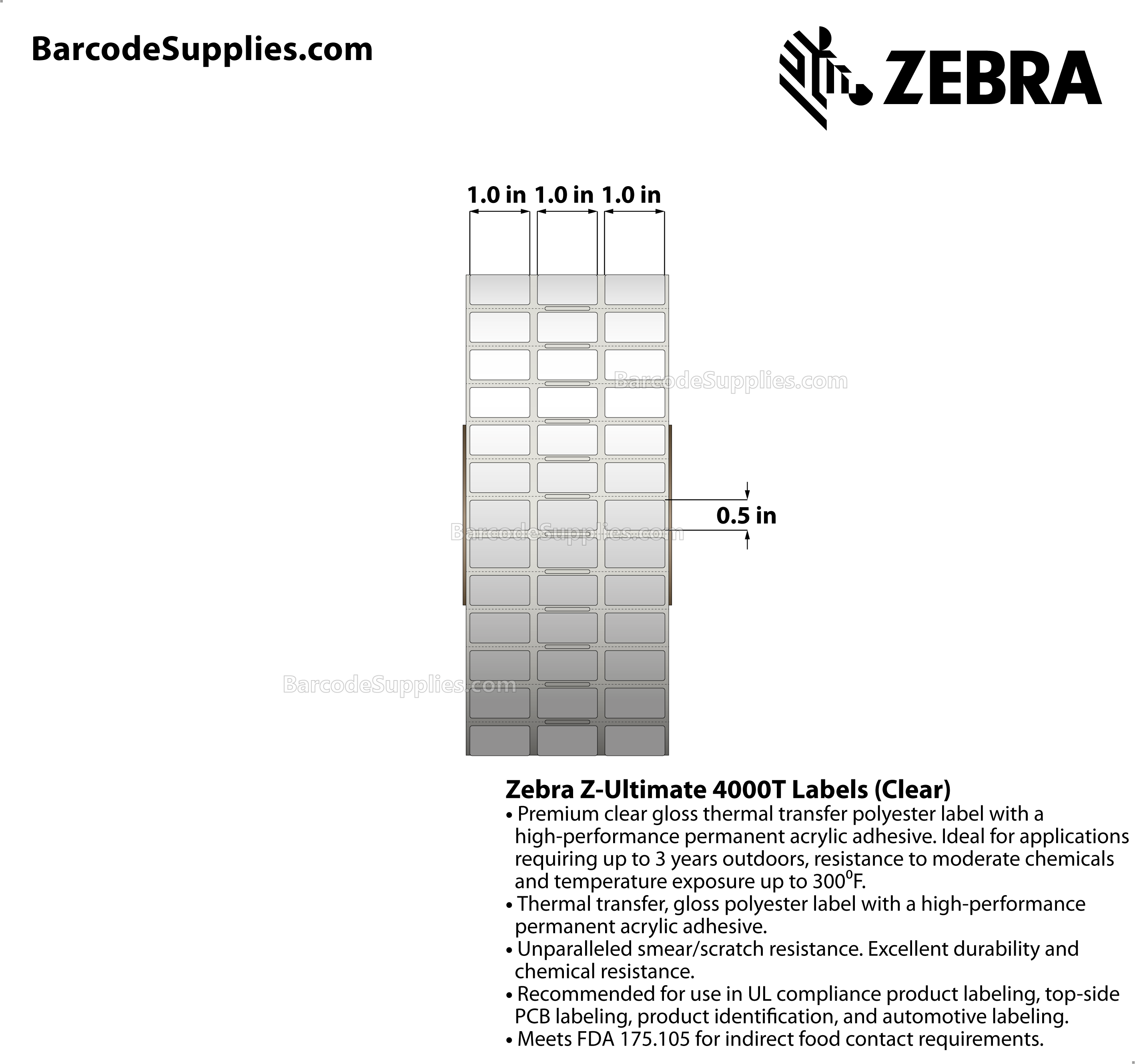 1 x 0.5 Thermal Transfer Clear Z-Ultimate 4000T Clear (3-Across) Labels With Permanent Adhesive - Notch sensing - Perforated - 10002 Labels Per Roll - Carton Of 1 Rolls - 10002 Labels Total - MPN: 10023043