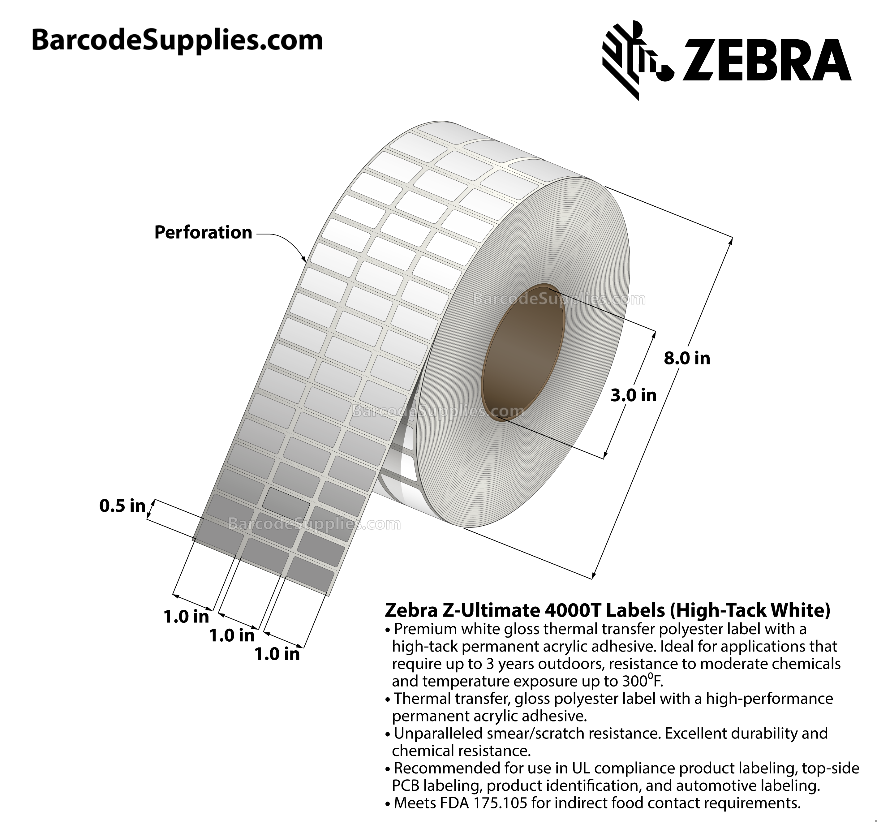 1 x 0.5 Thermal Transfer White Z-Ultimate 4000T High-Tack White (3-Across) Labels With High-tack Adhesive - Perforated - 10002 Labels Per Roll - Carton Of 1 Rolls - 10002 Labels Total - MPN: 10023052
