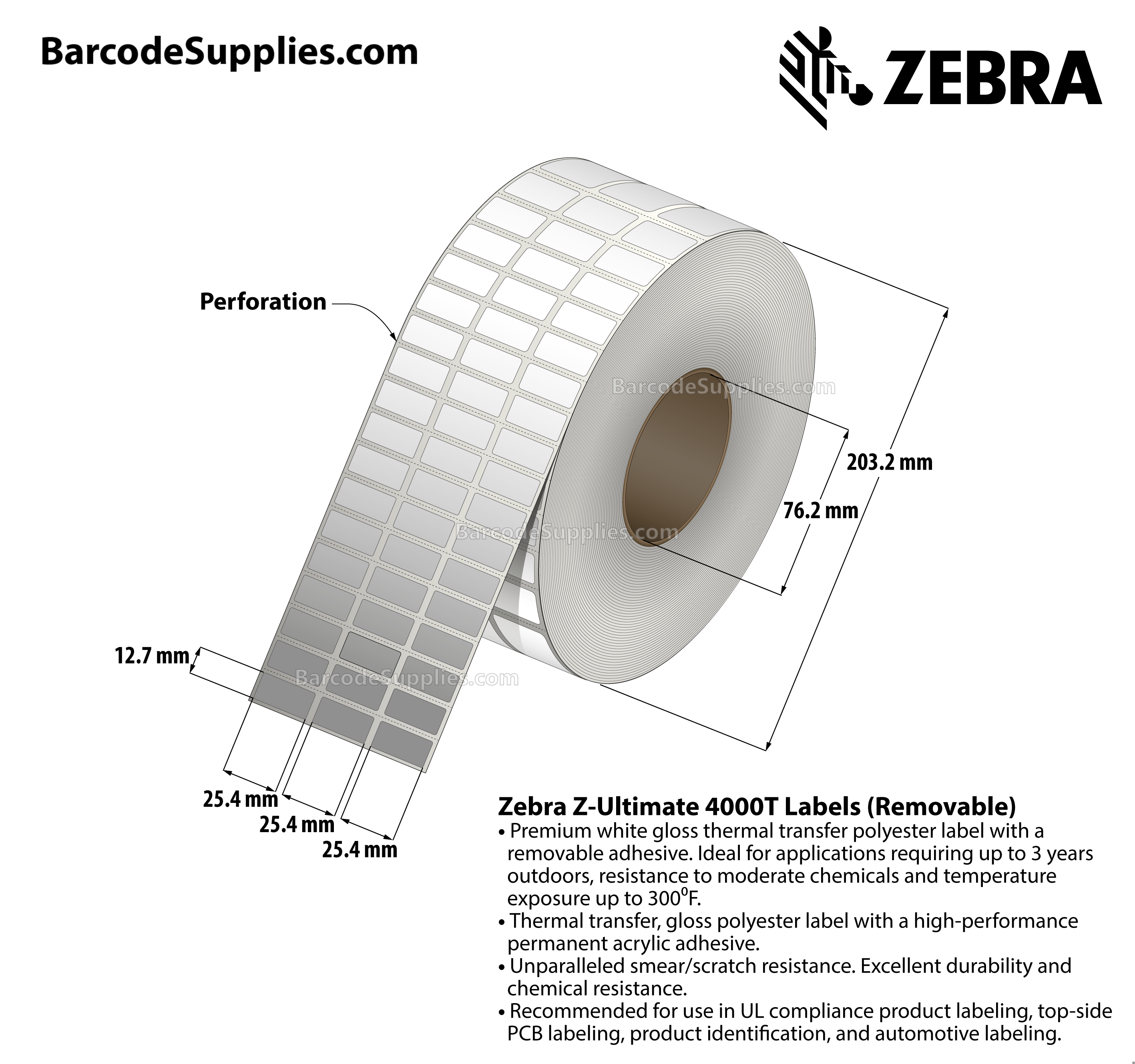 1 x 0.5 Thermal Transfer White Z-Ultimate 4000T Removable (3-Across) Labels With Removable Adhesive - Perforated - 10002 Labels Per Roll - Carton Of 1 Rolls - 10002 Labels Total - MPN: 10023069