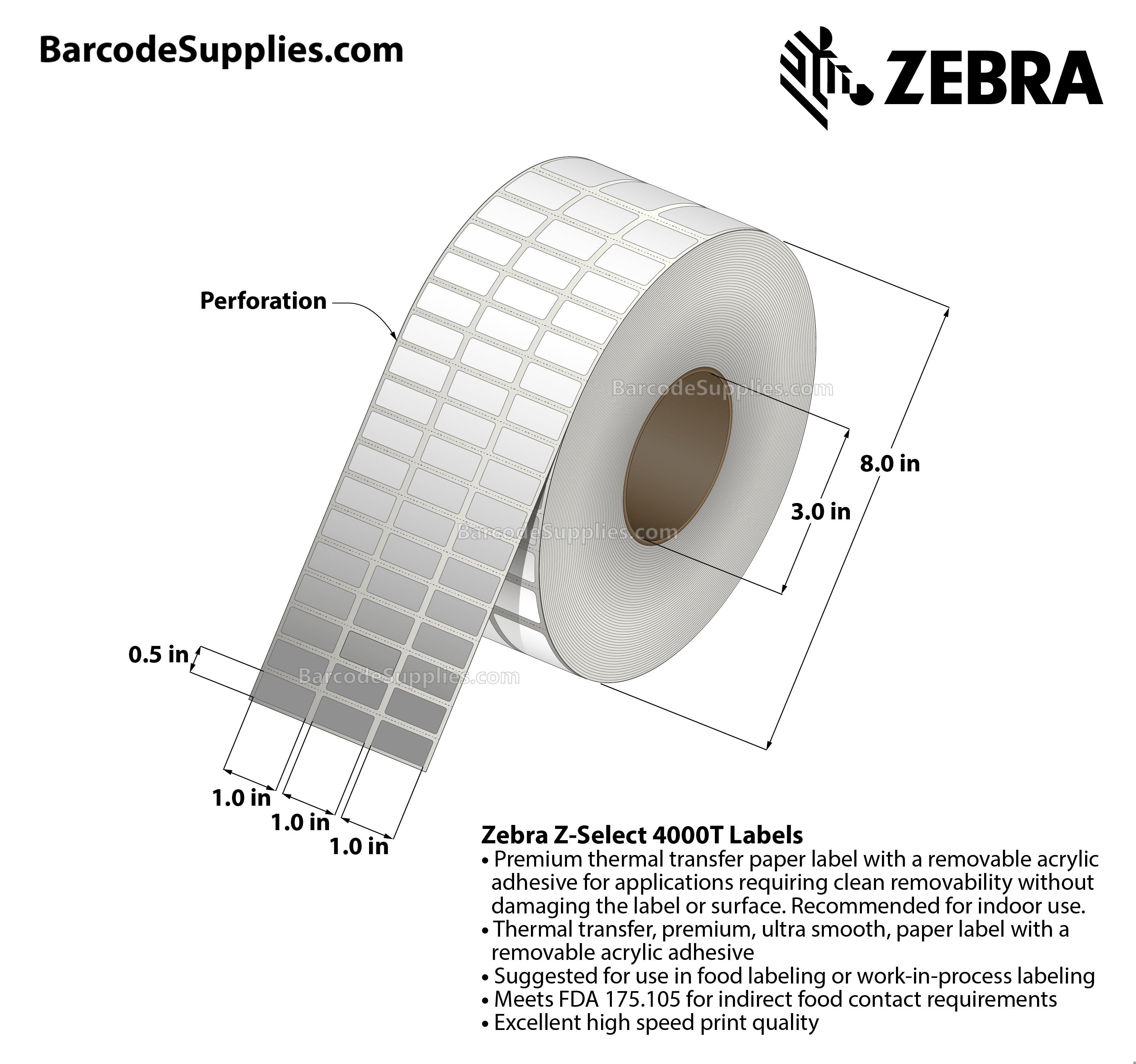 1 x 0.5 Thermal Transfer White PolyPro 4000T Removable (3-Across) Labels With Removable Adhesive - Perforated - 10002 Labels Per Roll - Carton Of 1 Rolls - 10002 Labels Total - MPN: 10022930