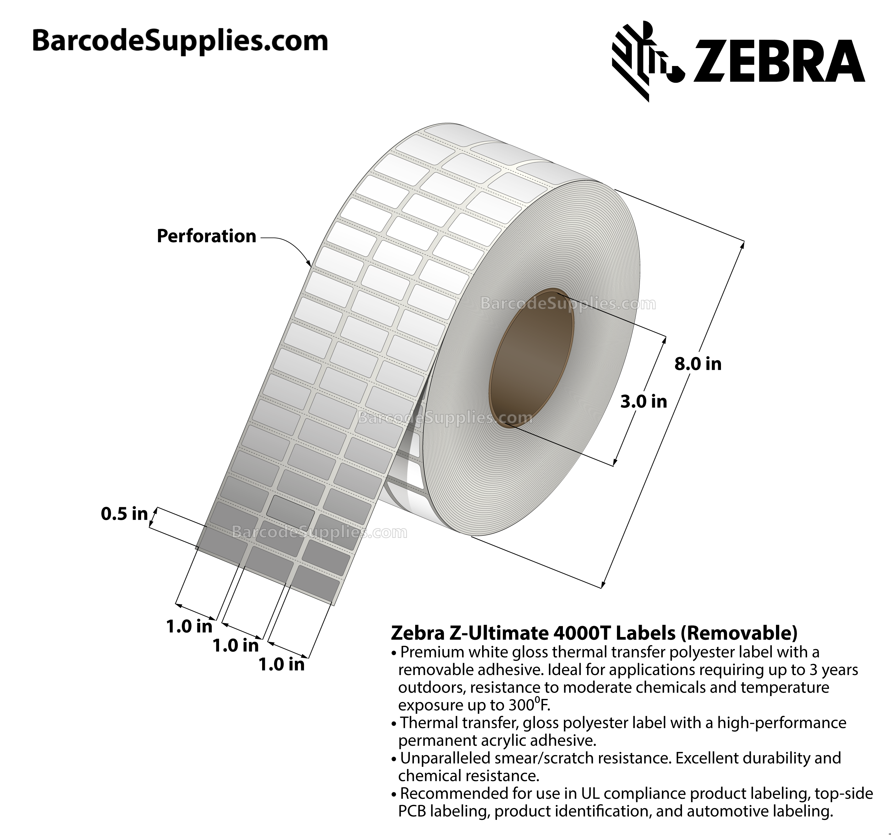 1 x 0.5 Thermal Transfer White Z-Ultimate 4000T Removable (3-Across) Labels With Removable Adhesive - Perforated - 10002 Labels Per Roll - Carton Of 1 Rolls - 10002 Labels Total - MPN: 10023069