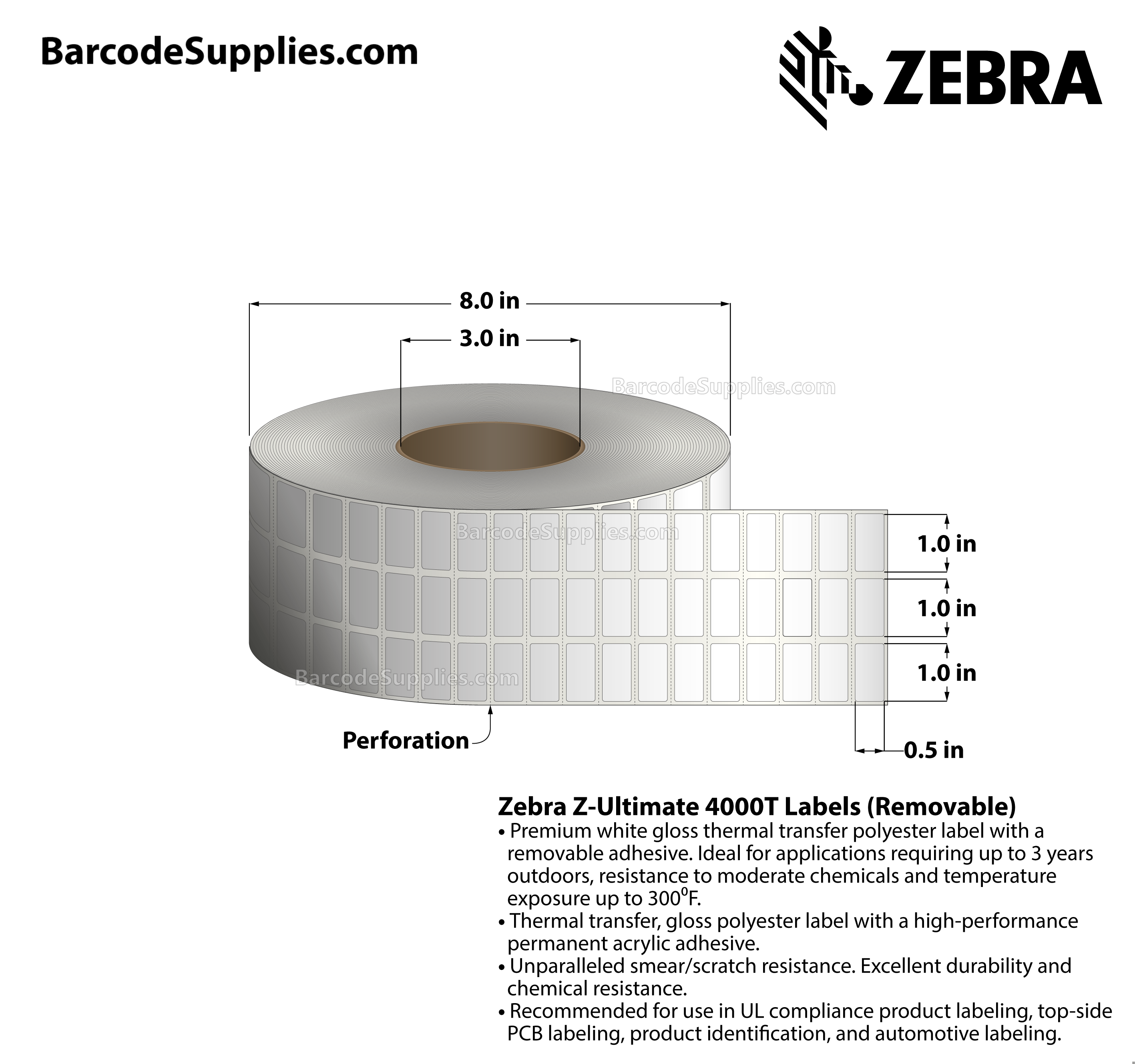 1 x 0.5 Thermal Transfer White Z-Ultimate 4000T Removable (3-Across) Labels With Removable Adhesive - Perforated - 10002 Labels Per Roll - Carton Of 1 Rolls - 10002 Labels Total - MPN: 10023069