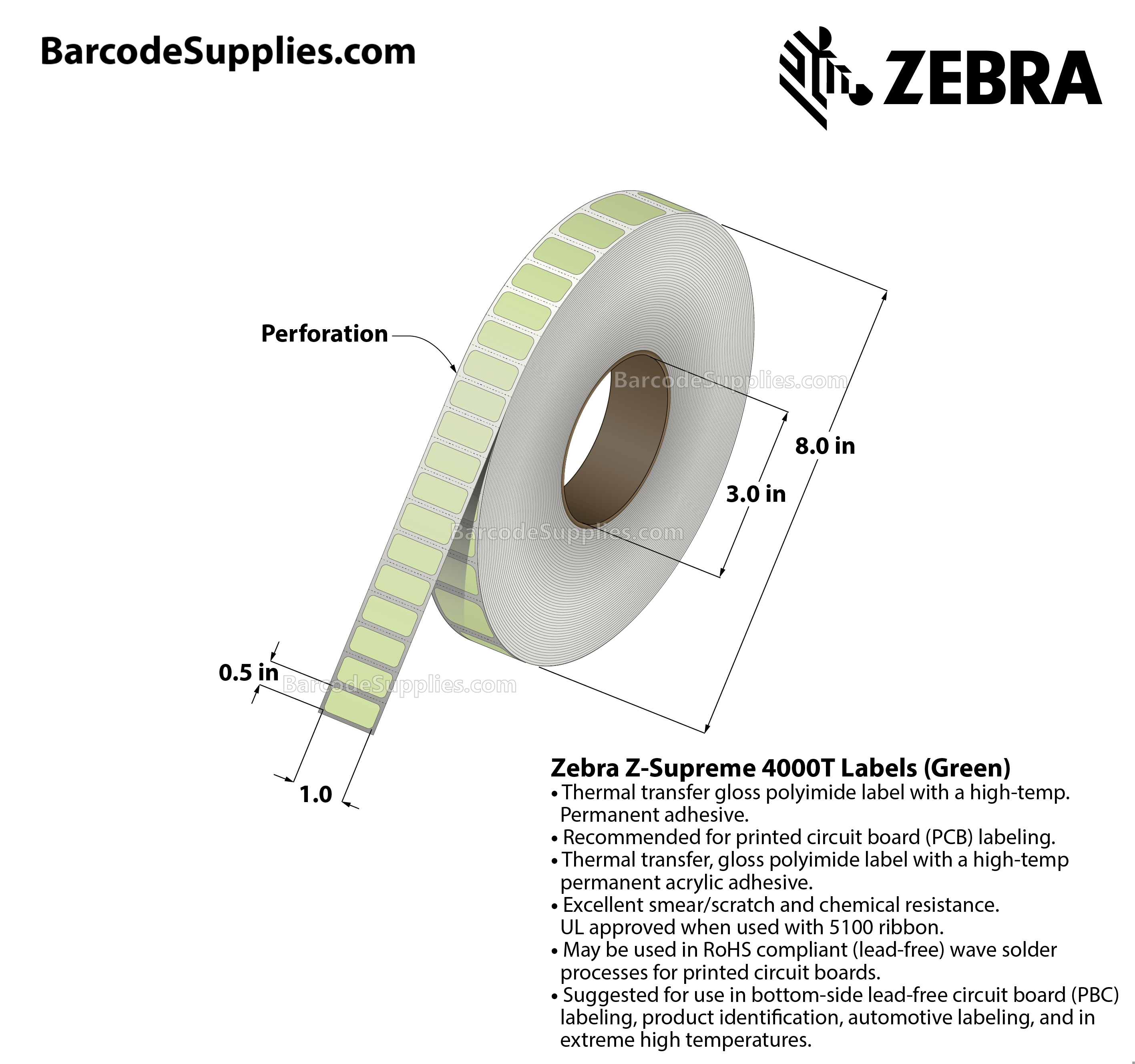 Products 1 x 0.5 Thermal Transfer Green Z-Supreme 4000T Green Labels With High-temp Adhesive - Perforated - 8000 Labels Per Roll - Carton Of 1 Rolls - 8000 Labels Total - MPN: 10023317