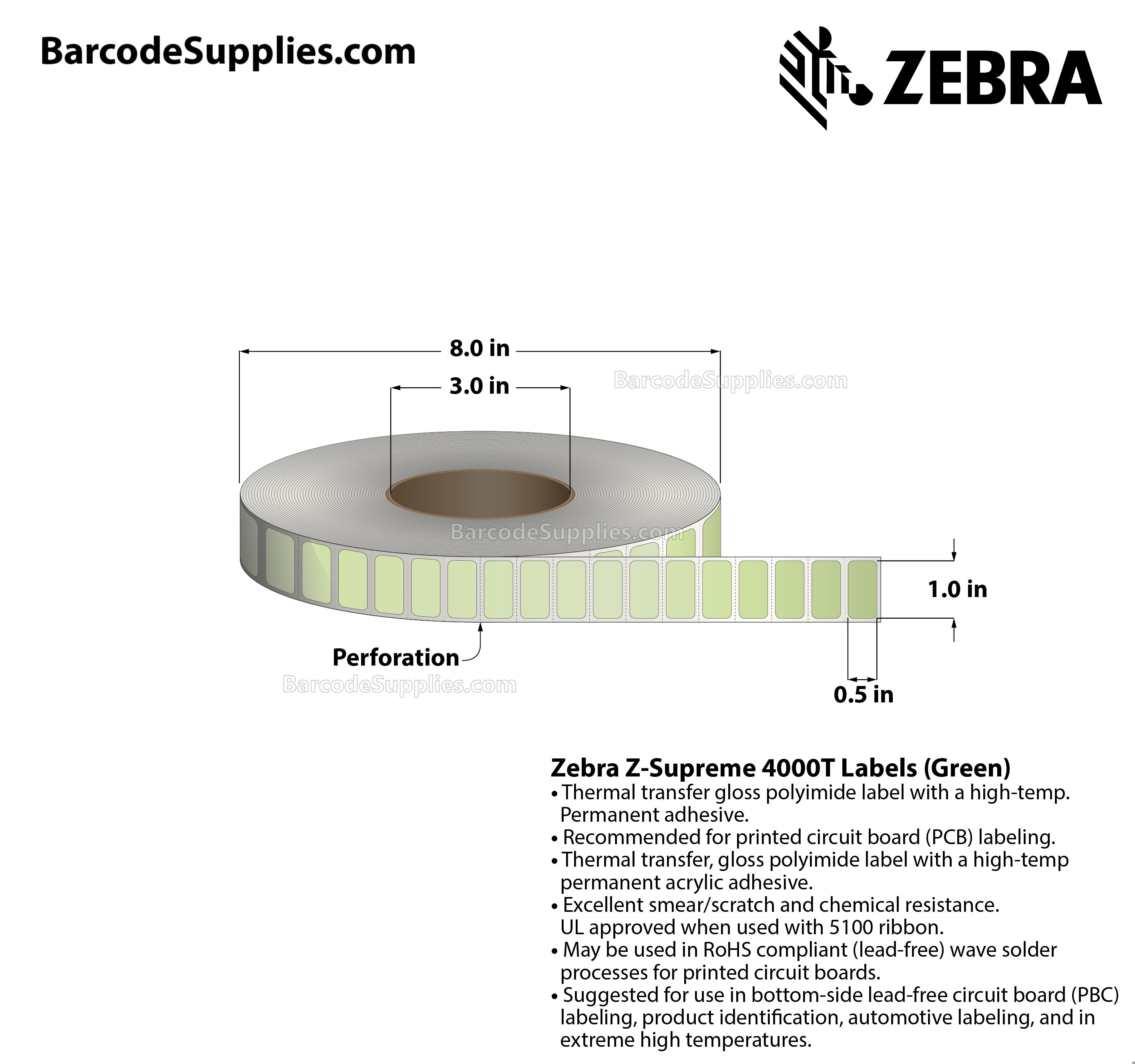 Products 1 x 0.5 Thermal Transfer Green Z-Supreme 4000T Green Labels With High-temp Adhesive - Perforated - 8000 Labels Per Roll - Carton Of 1 Rolls - 8000 Labels Total - MPN: 10023317