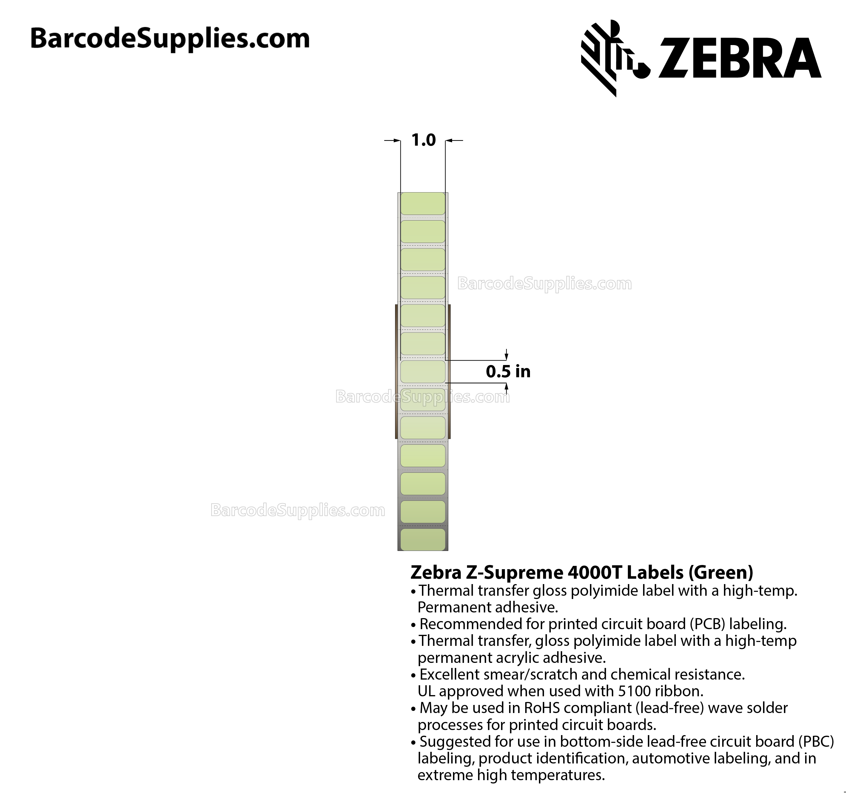 Products 1 x 0.5 Thermal Transfer Green Z-Supreme 4000T Green Labels With High-temp Adhesive - Perforated - 8000 Labels Per Roll - Carton Of 1 Rolls - 8000 Labels Total - MPN: 10023317