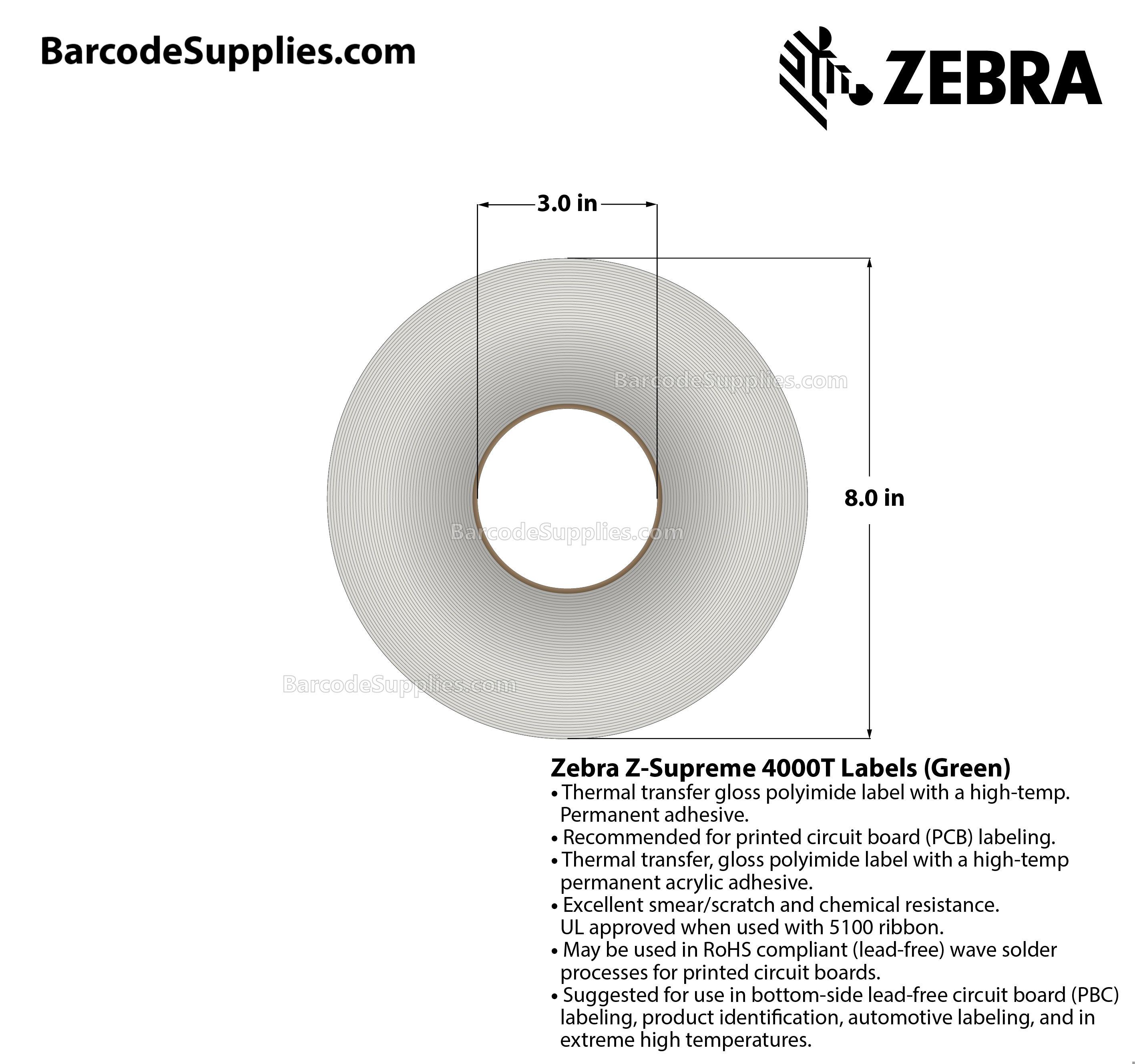 Products 1 x 0.5 Thermal Transfer Green Z-Supreme 4000T Green Labels With High-temp Adhesive - Perforated - 8000 Labels Per Roll - Carton Of 1 Rolls - 8000 Labels Total - MPN: 10023317