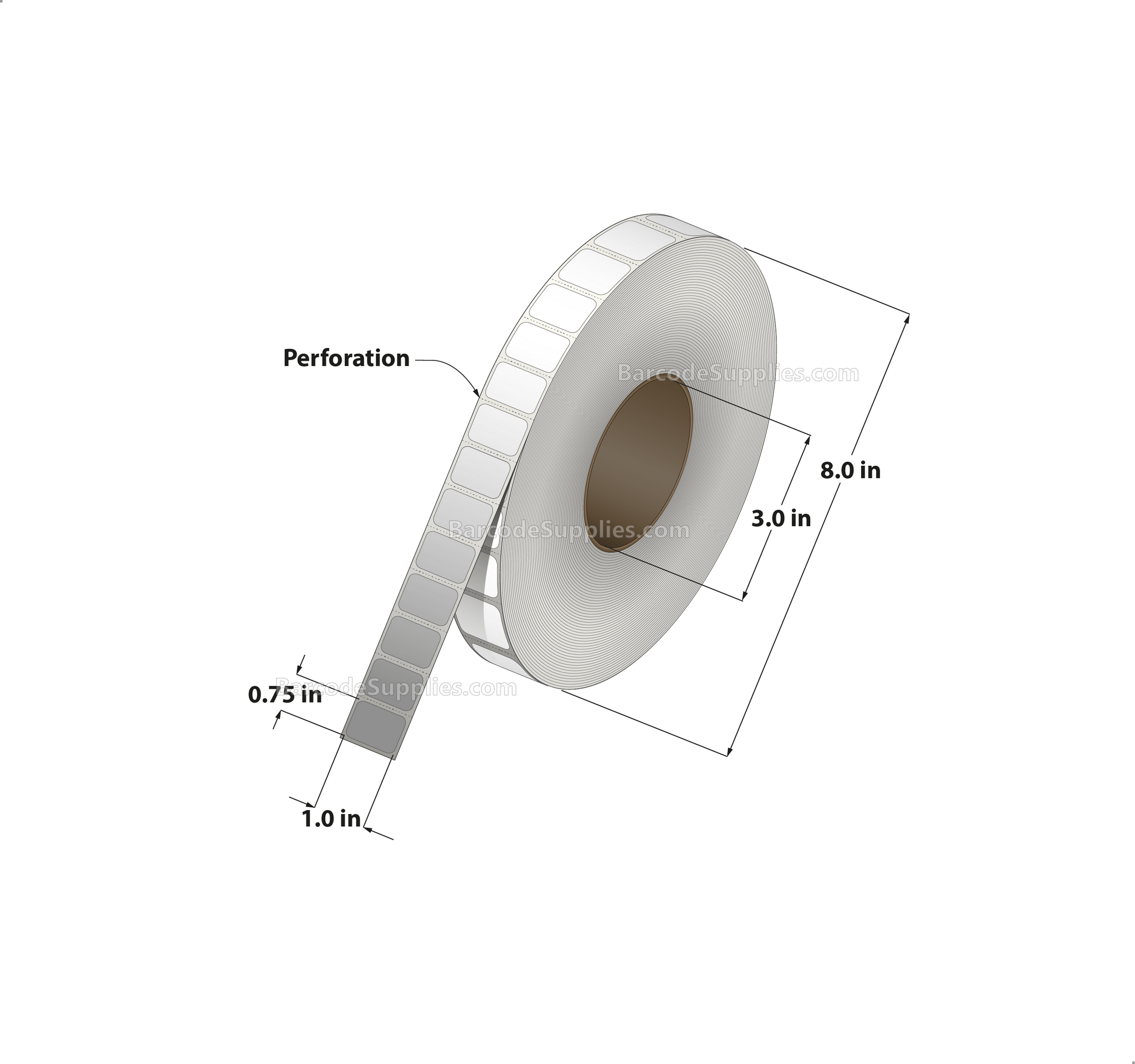 1 x 0.75 Thermal Transfer White Labels With Permanent Adhesive - Perforated - 7500 Labels Per Roll - Carton Of 8 Rolls - 60000 Labels Total - MPN: RT-1-075-7500-3