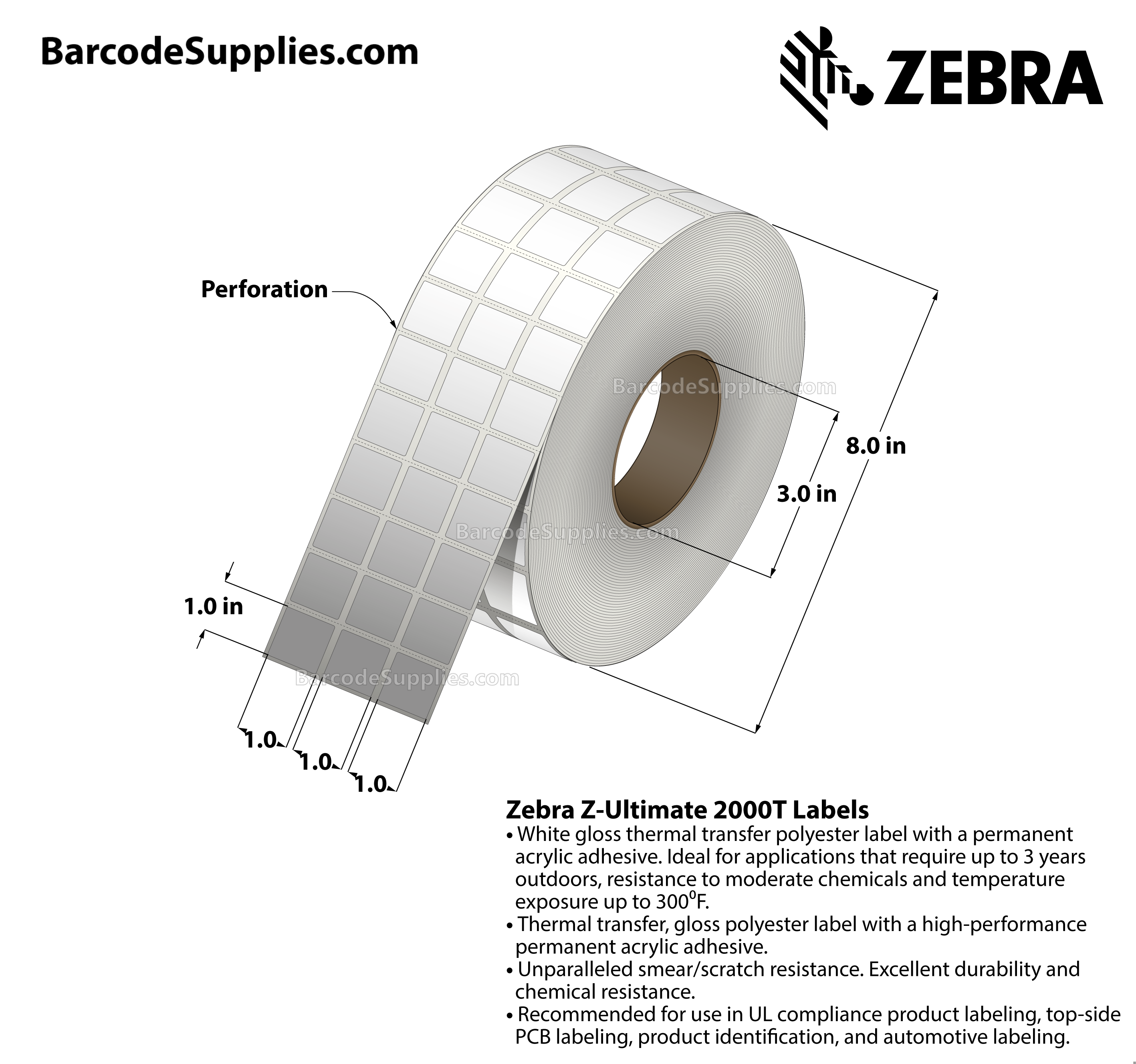 1 x 1 Thermal Transfer White Z-Ultimate 2000T (3-Across) Labels With Permanent Adhesive - Perforated - 16455 Labels Per Roll - Carton Of 4 Rolls - 65820 Labels Total - MPN: 10011977