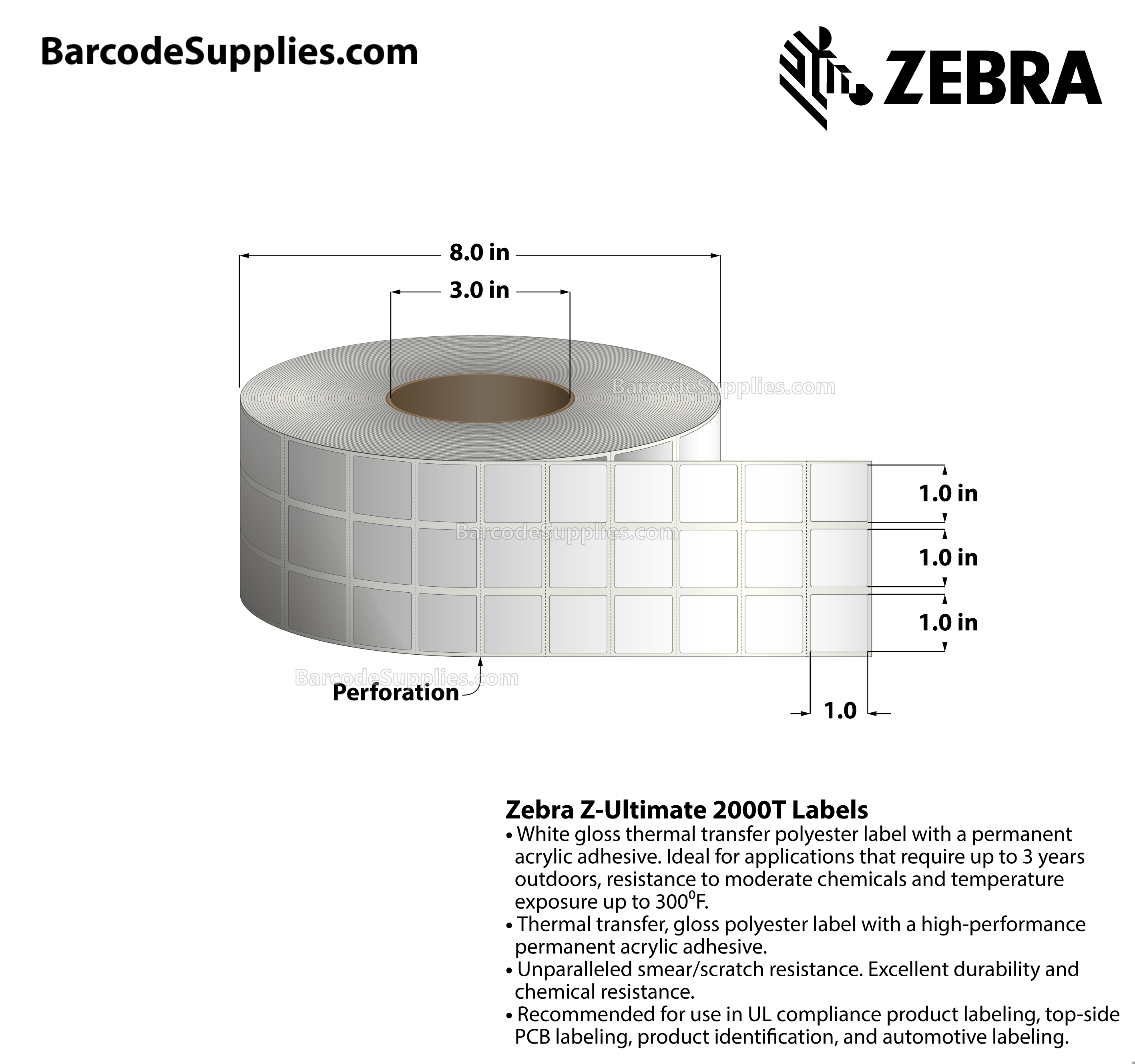 1 x 1 Thermal Transfer White Z-Ultimate 2000T (3-Across) Labels With Permanent Adhesive - Perforated - 16455 Labels Per Roll - Carton Of 4 Rolls - 65820 Labels Total - MPN: 10011977