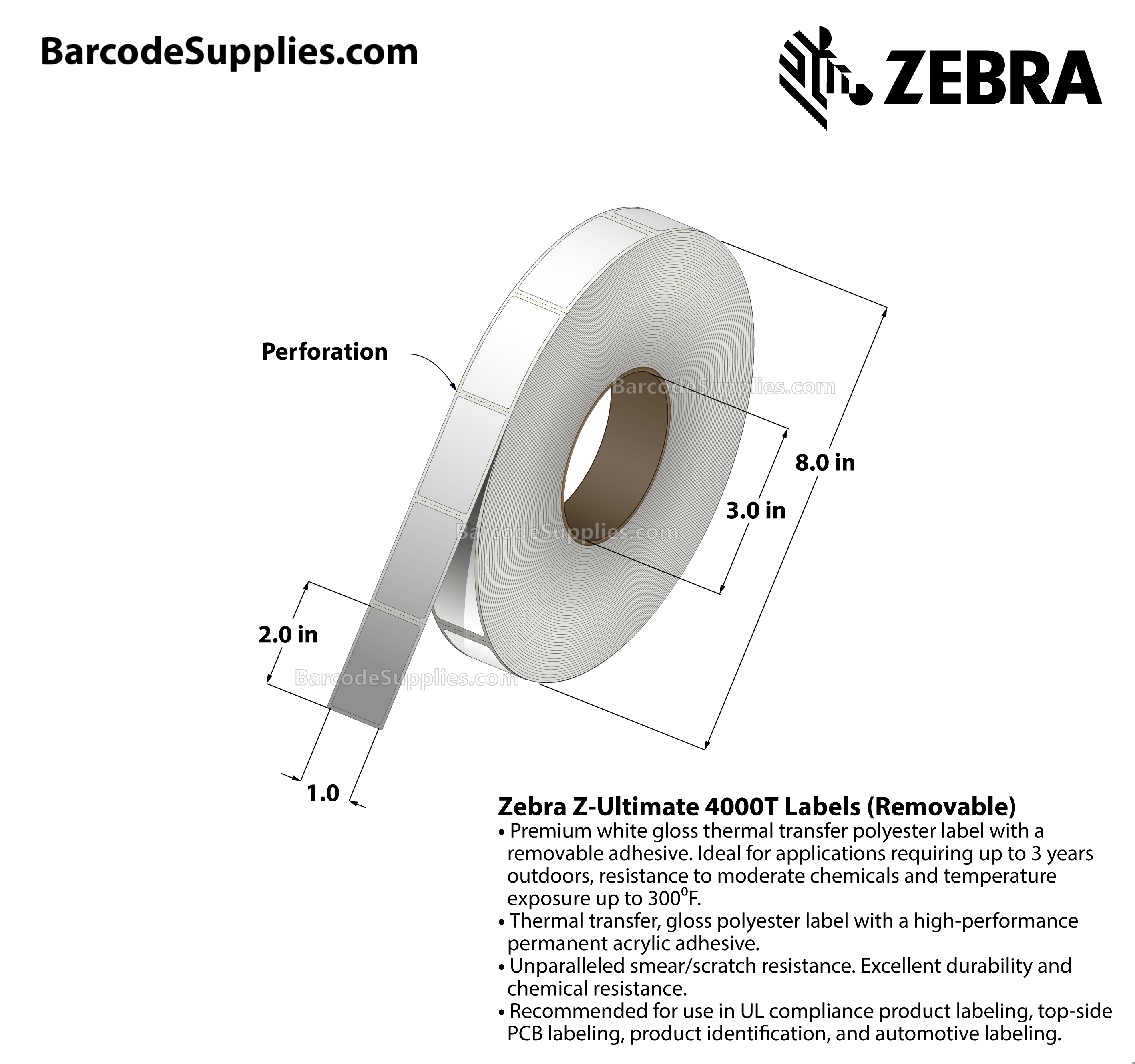 1 x 2 Thermal Transfer White Z-Ultimate 4000T Removable Labels With Removable Adhesive - Perforated - 3000 Labels Per Roll - Carton Of 1 Rolls - 3000 Labels Total - MPN: 10023149
