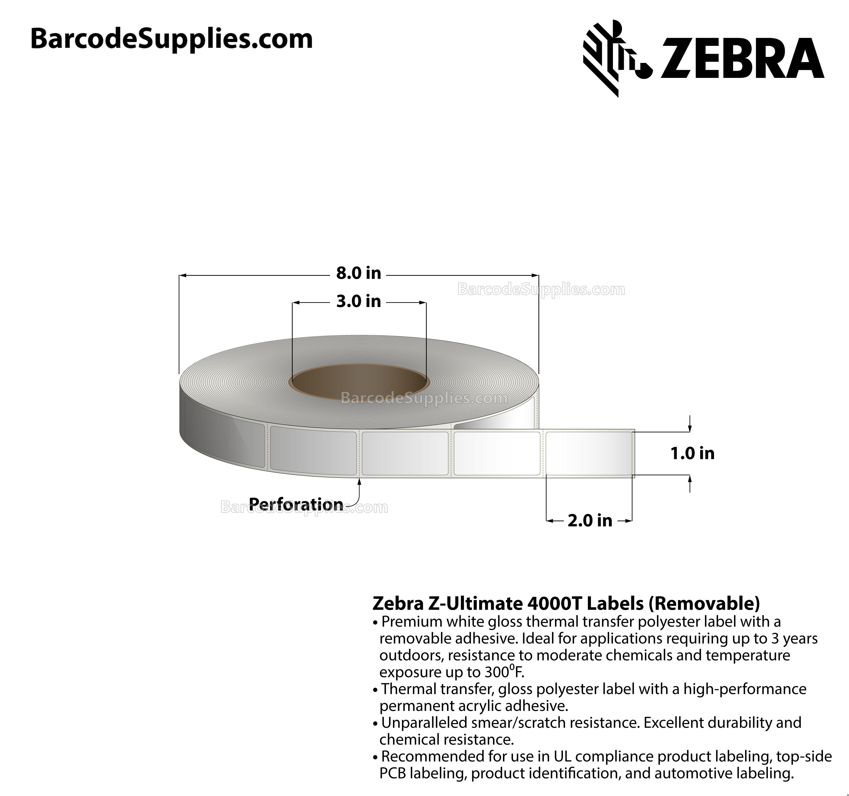 1 x 2 Thermal Transfer White Z-Ultimate 4000T Removable Labels With Removable Adhesive - Perforated - 3000 Labels Per Roll - Carton Of 1 Rolls - 3000 Labels Total - MPN: 10023149