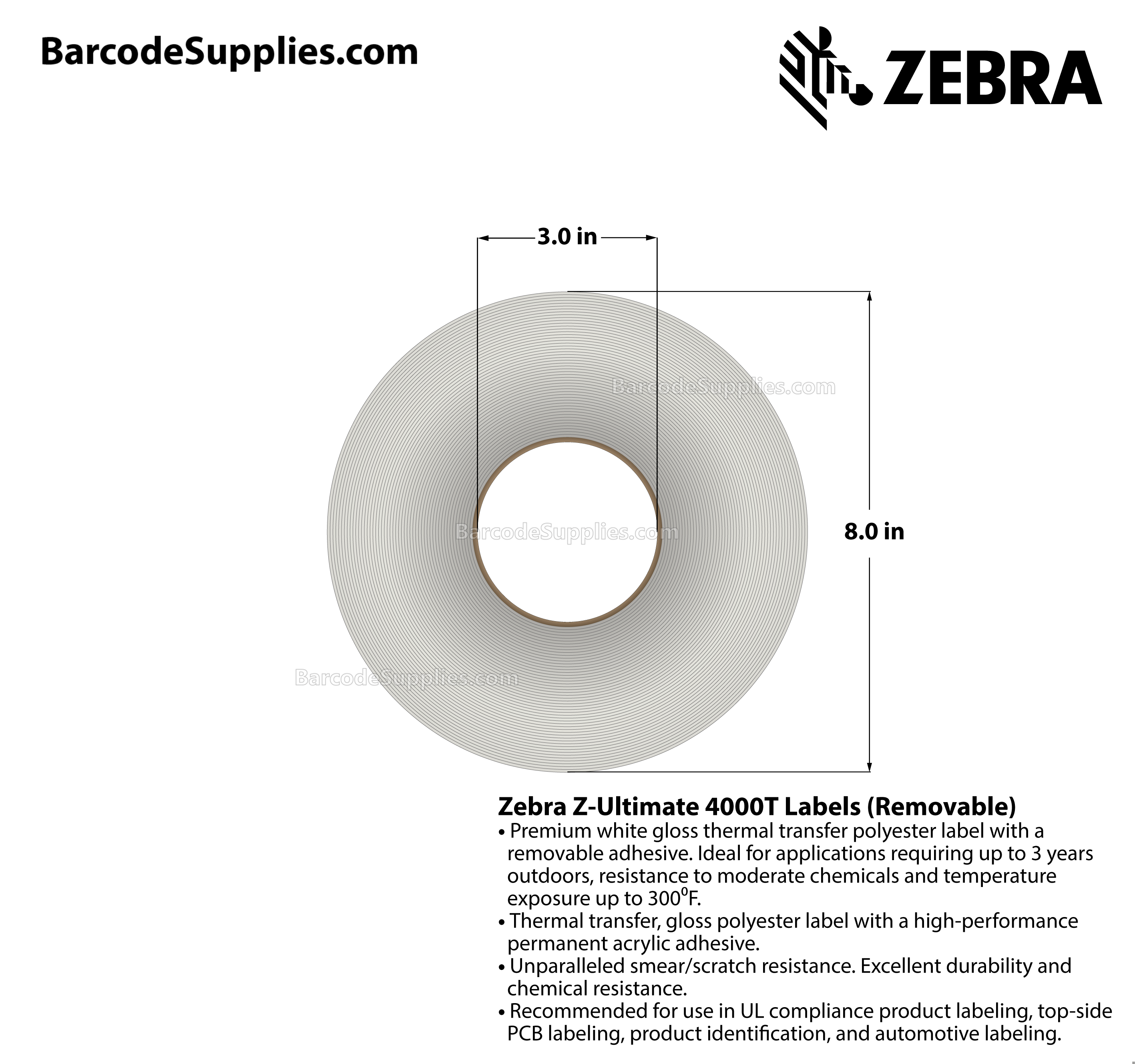 1 x 2 Thermal Transfer White Z-Ultimate 4000T Removable Labels With Removable Adhesive - Perforated - 3000 Labels Per Roll - Carton Of 1 Rolls - 3000 Labels Total - MPN: 10023149