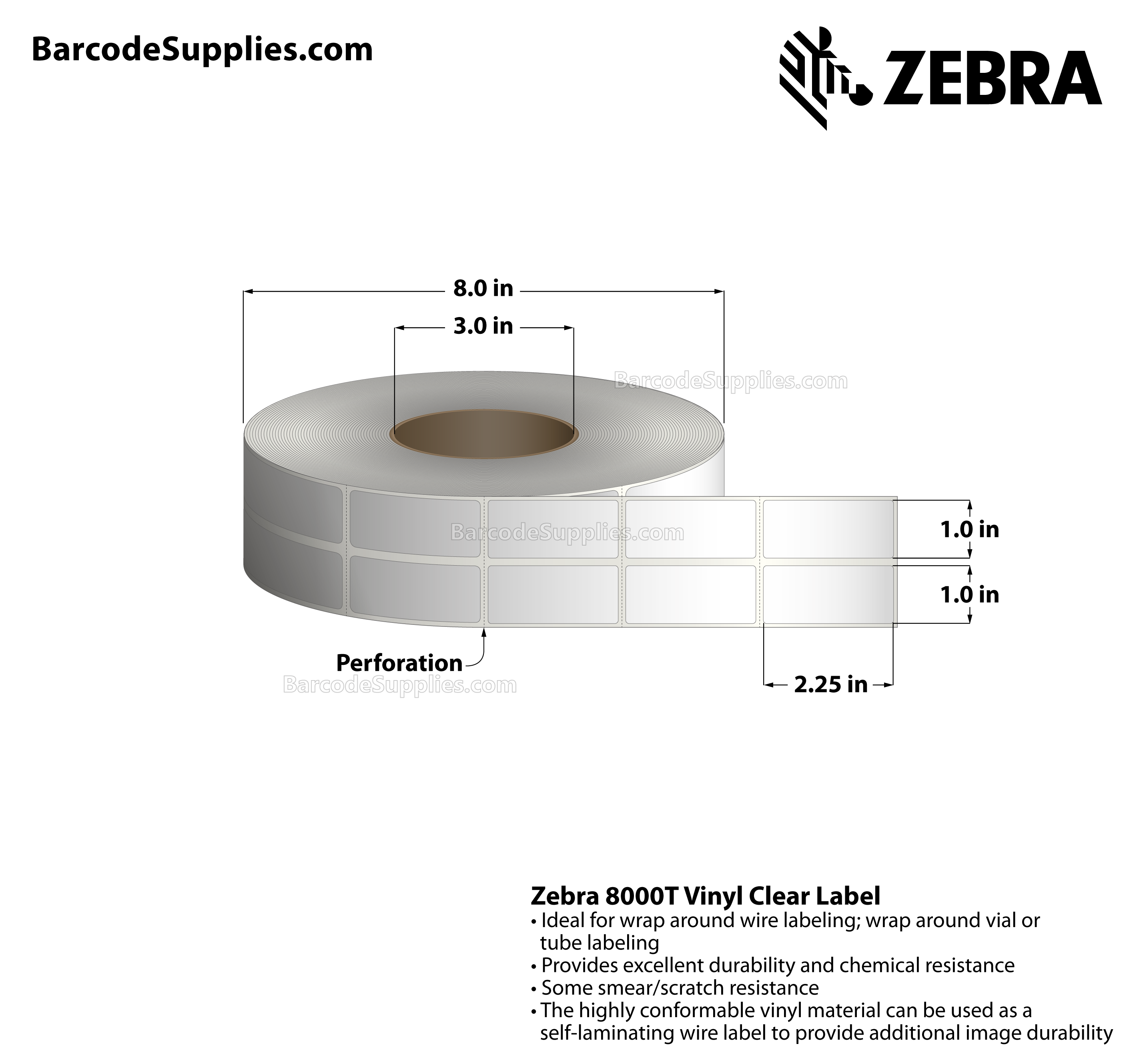 1 x 2.25 Thermal Transfer Clear 8000T Vinyl Clear: Self-Laminating Wire Wrap Label (2-Across) Labels With Permanent Adhesive - Perforated - 3000 Labels Per Roll - Carton Of 1 Rolls - 3000 Labels Total - MPN: 10015770