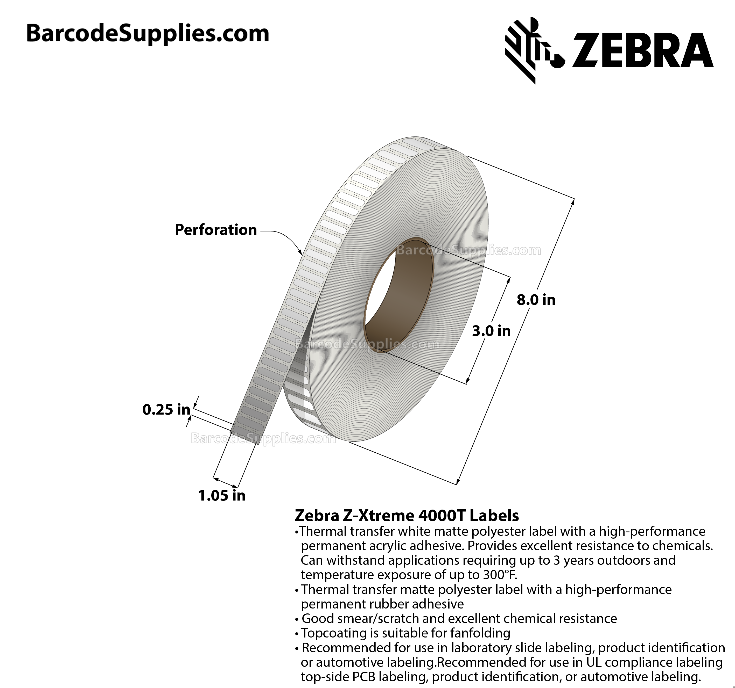 1.05 x 0.25 Thermal Transfer White Z-Xtreme 4000T White Labels With Permanent Adhesive - Perforated - 3000 Labels Per Roll - Carton Of 1 Rolls - 3000 Labels Total - MPN: 10023342