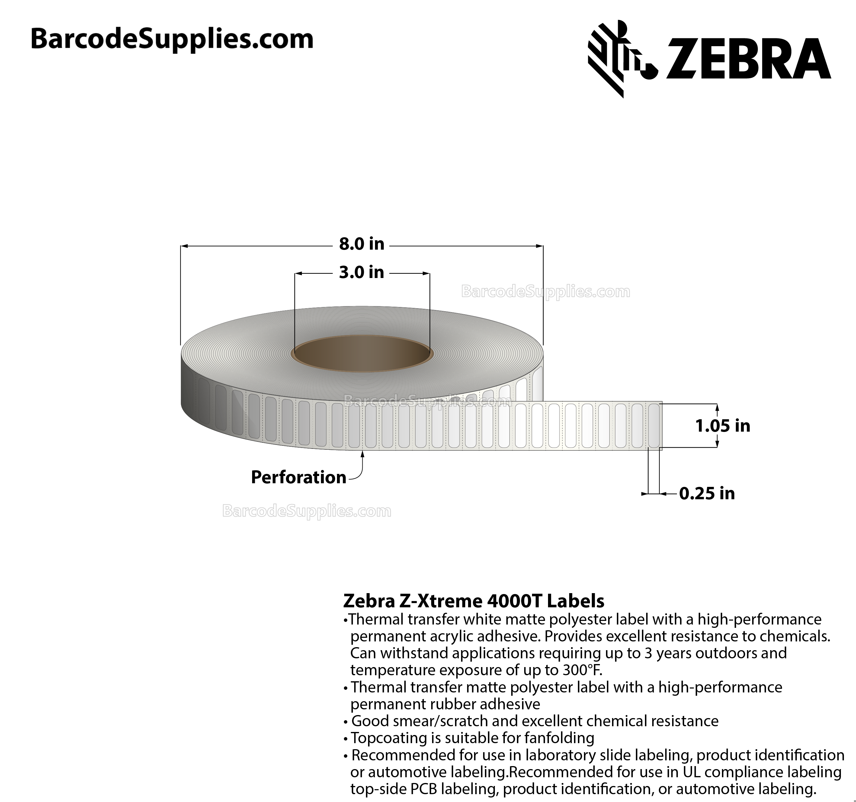 1.05 x 0.25 Thermal Transfer White Z-Xtreme 4000T White Labels With Permanent Adhesive - Perforated - 3000 Labels Per Roll - Carton Of 1 Rolls - 3000 Labels Total - MPN: 10023342