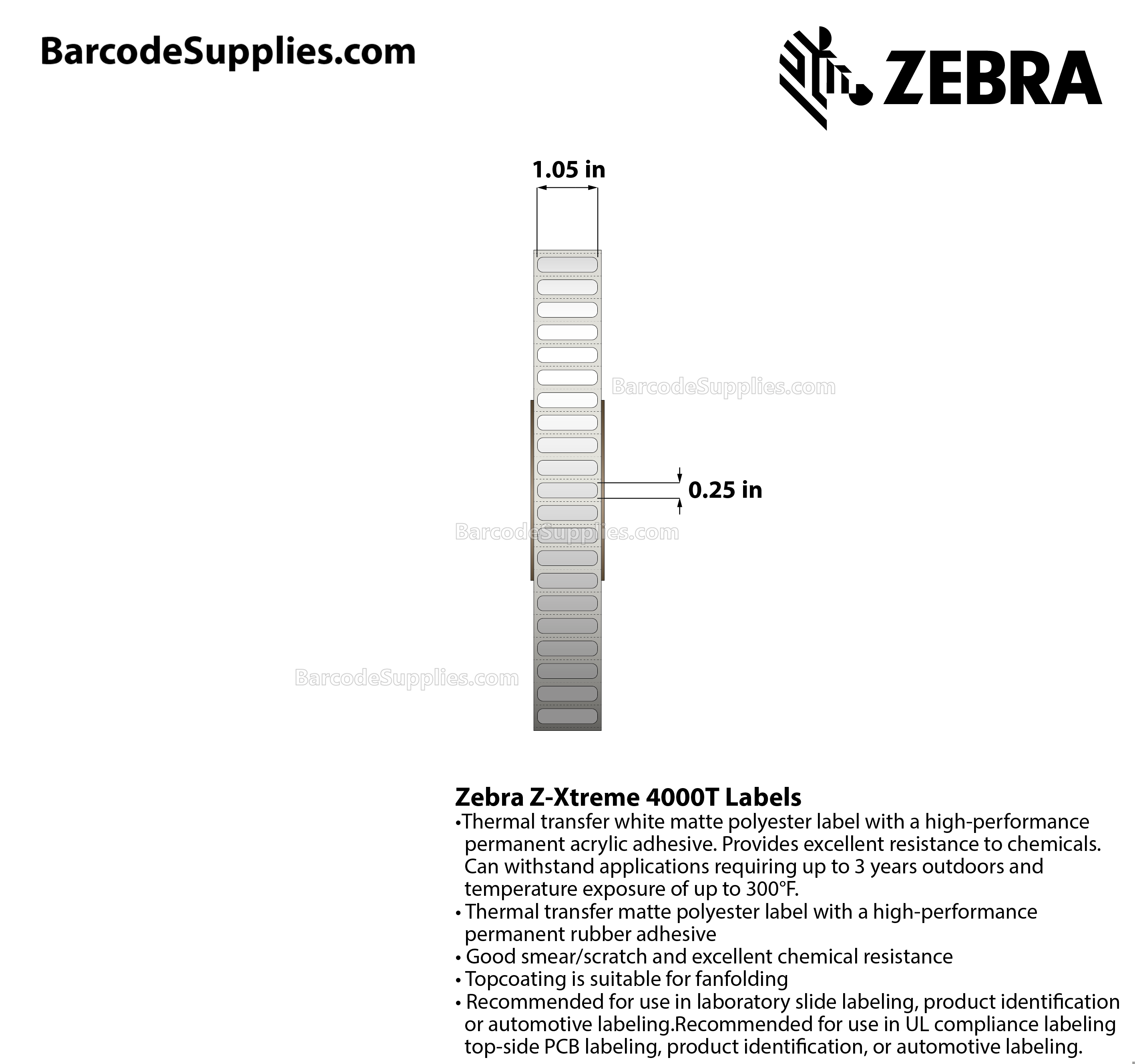 1.05 x 0.25 Thermal Transfer White Z-Xtreme 4000T White Labels With Permanent Adhesive - Perforated - 3000 Labels Per Roll - Carton Of 1 Rolls - 3000 Labels Total - MPN: 10023342