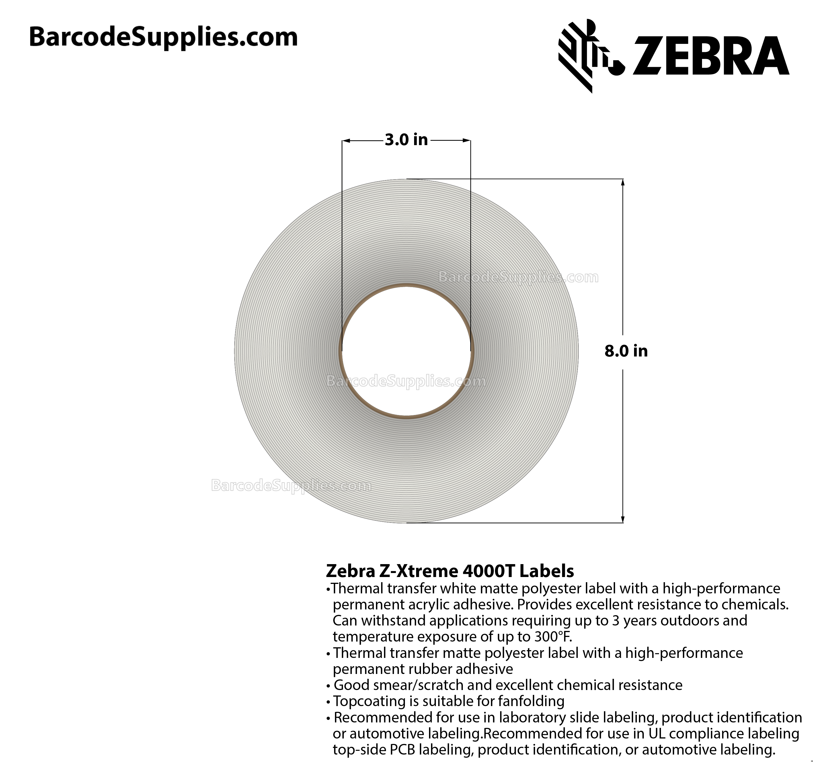 1.05 x 0.25 Thermal Transfer White Z-Xtreme 4000T White Labels With Permanent Adhesive - Perforated - 3000 Labels Per Roll - Carton Of 1 Rolls - 3000 Labels Total - MPN: 10023342