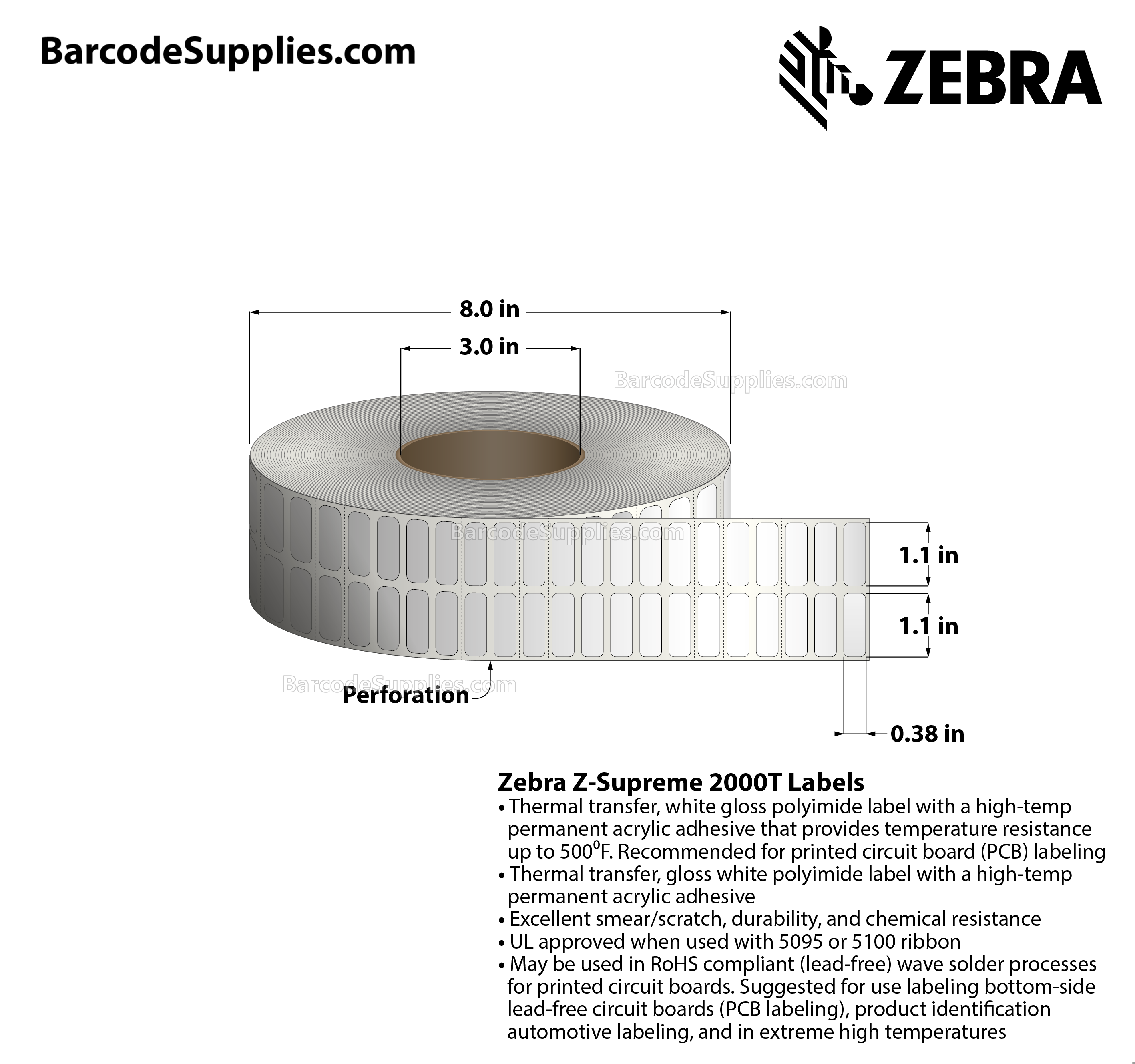 1.1 x 0.38 Thermal Transfer White Z-Supreme 2000T (2-Across) Labels With High-temp Adhesive - Perforated - 10000 Labels Per Roll - Carton Of 1 Rolls - 10000 Labels Total - MPN: 10023203