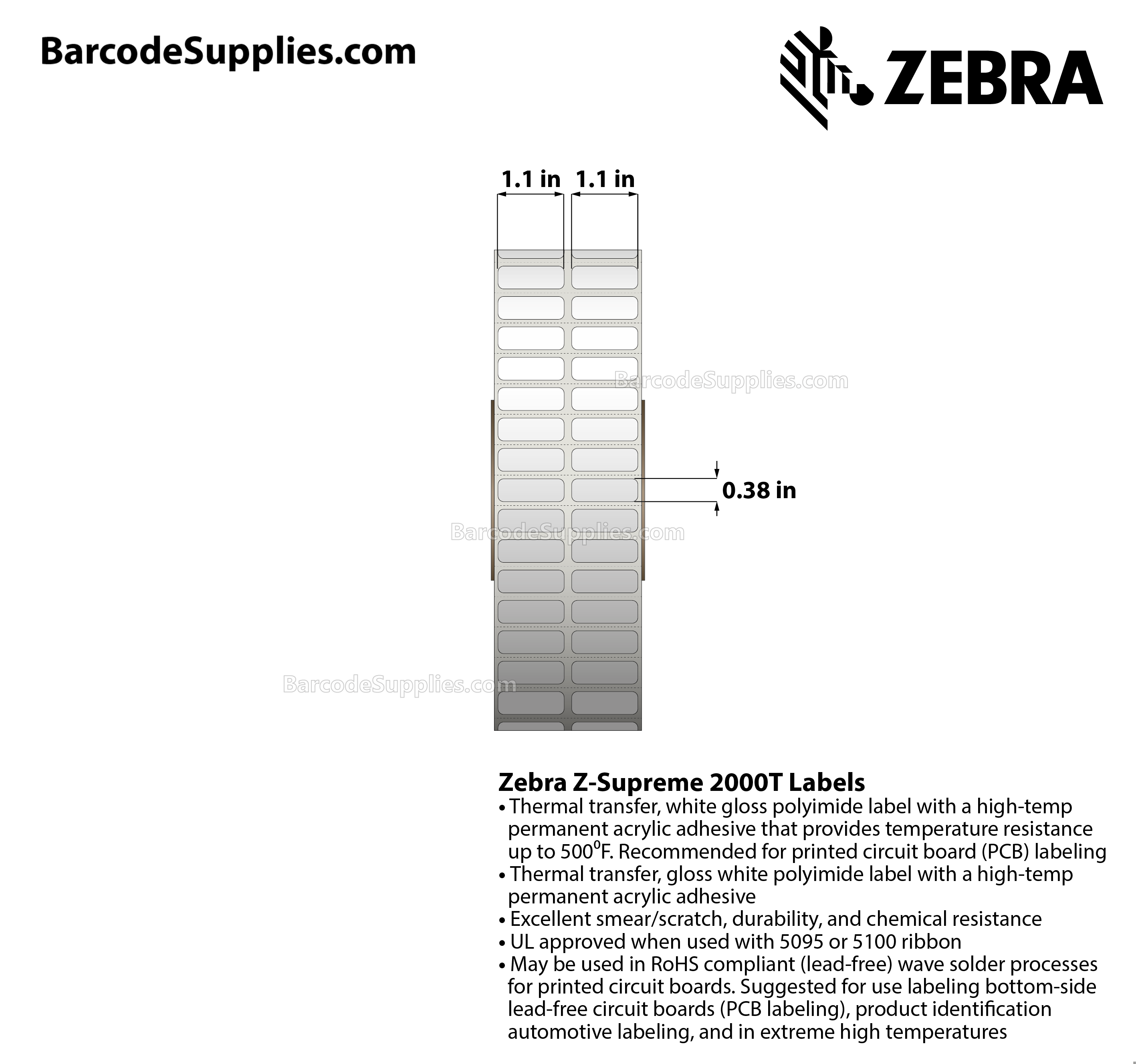 1.1 x 0.38 Thermal Transfer White Z-Supreme 2000T (2-Across) Labels With High-temp Adhesive - Perforated - 10000 Labels Per Roll - Carton Of 1 Rolls - 10000 Labels Total - MPN: 10023203