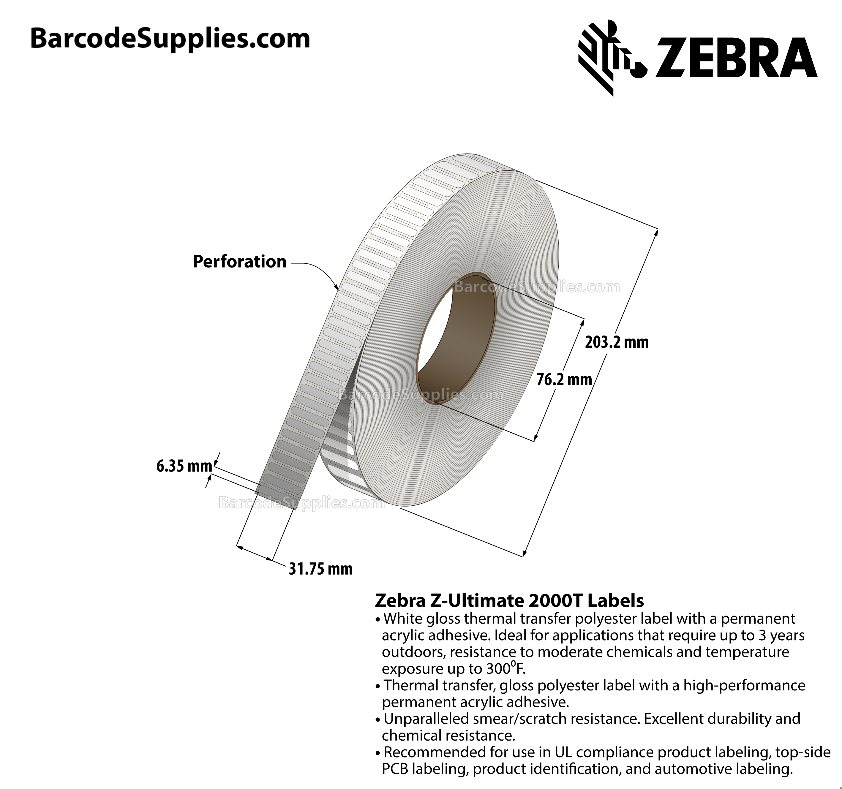 1.25 x 0.25 Thermal Transfer White Z-Ultimate 2000T Labels With Permanent Adhesive - Perforated - 10000 Labels Per Roll - Carton Of 1 Rolls - 10000 Labels Total - MPN: 10022985