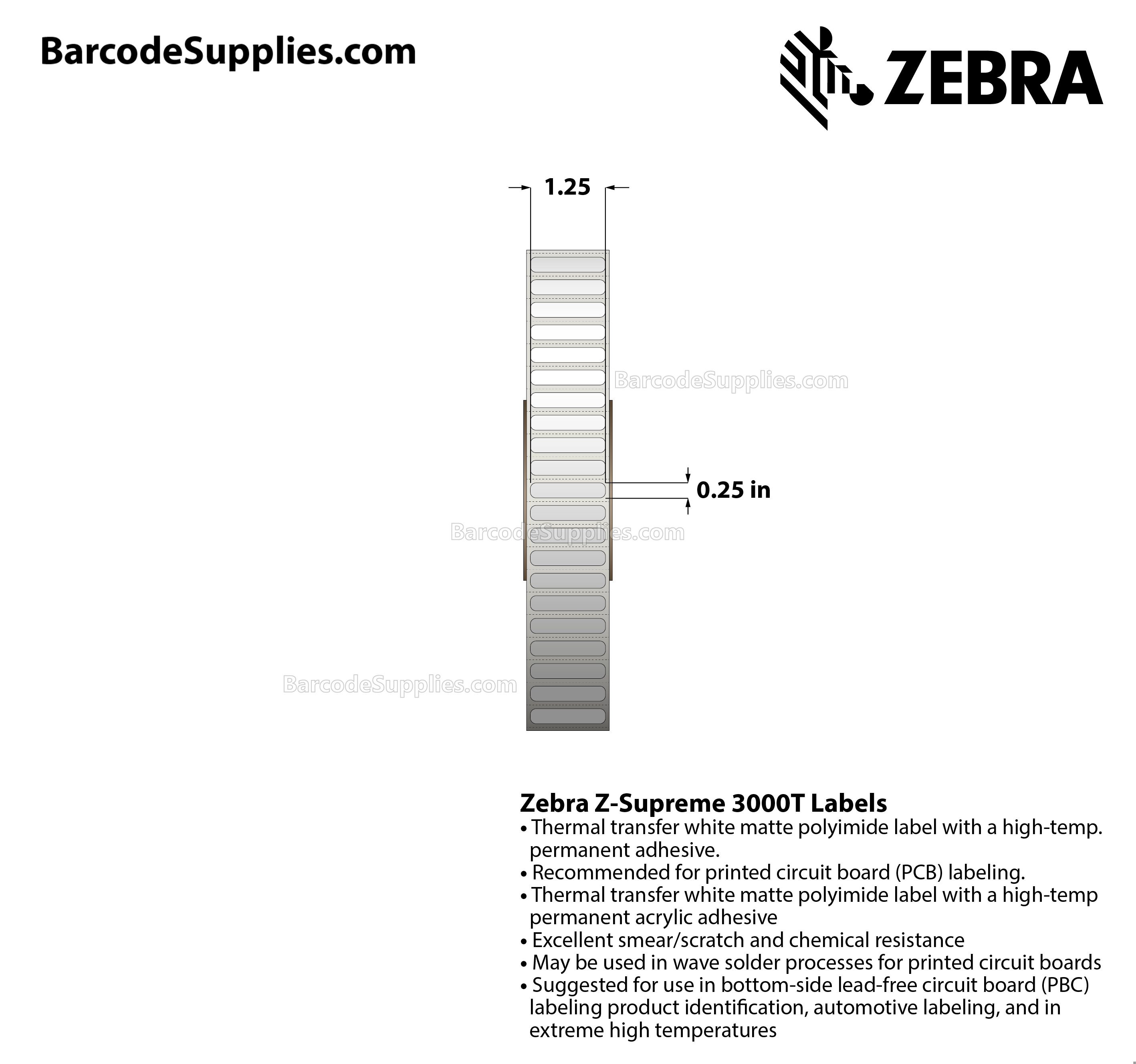 1.25 x 0.25 Thermal Transfer White Z-Supreme 3000T Labels With High-temp Adhesive - Perforated - 10000 Labels Per Roll - Carton Of 1 Rolls - 10000 Labels Total - MPN: 10023306