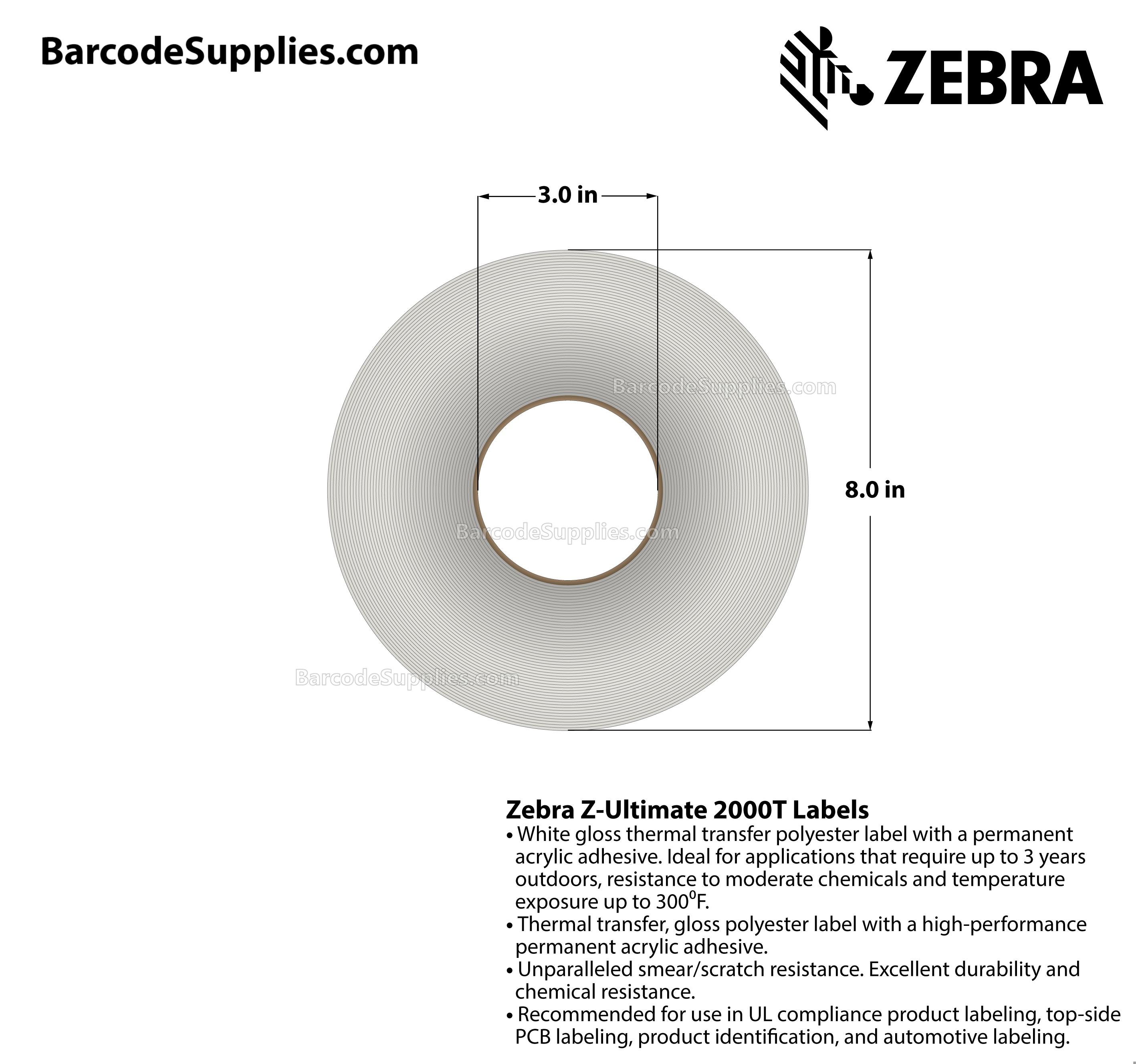 1.25 x 0.25 Thermal Transfer White Z-Ultimate 2000T Labels With Permanent Adhesive - Perforated - 10000 Labels Per Roll - Carton Of 1 Rolls - 10000 Labels Total - MPN: 10022985