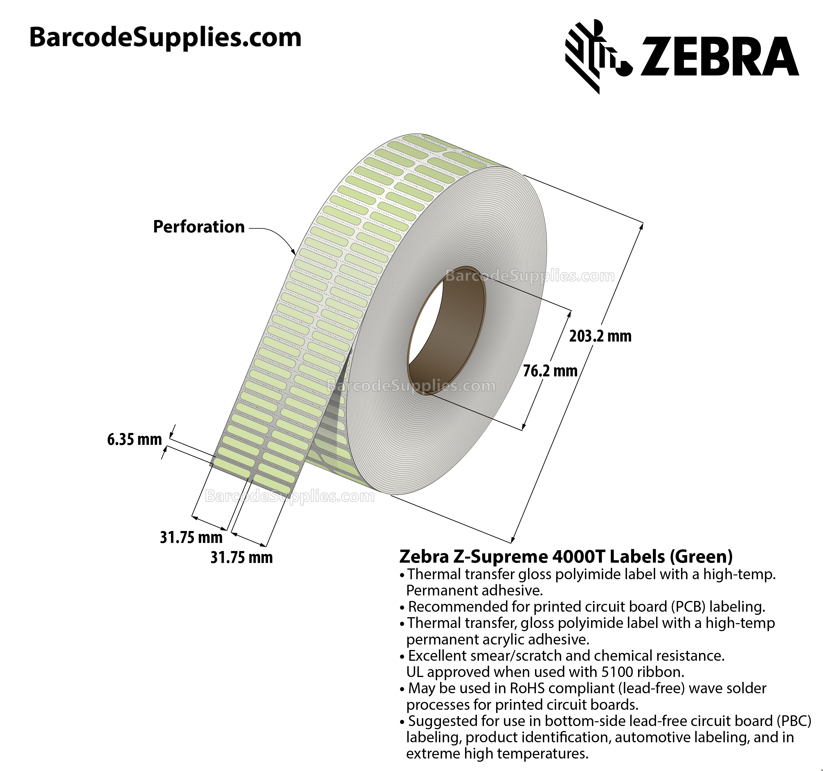 1.25 x 0.25 Thermal Transfer Green Z-Supreme 4000T Green (2-Across) Labels With High-temp Adhesive - Perforated - 10000 Labels Per Roll - Carton Of 1 Rolls - 10000 Labels Total - MPN: 10023319