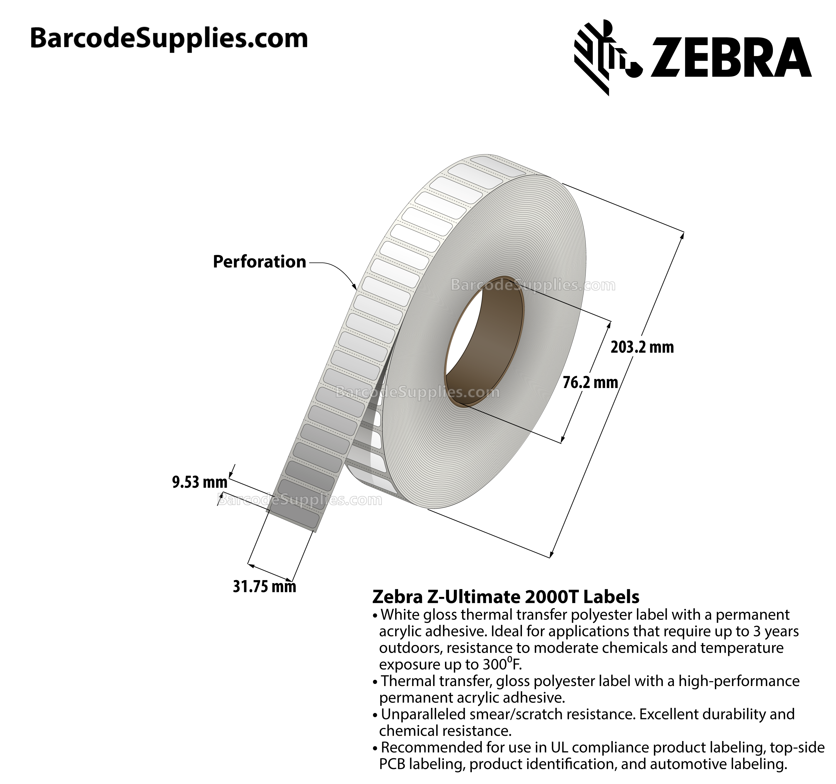 1.25 x 0.375 Thermal Transfer White Z-Ultimate 2000T Labels With Permanent Adhesive - Perforated - 12342 Labels Per Roll - Carton Of 4 Rolls - 49368 Labels Total - MPN: 10011978