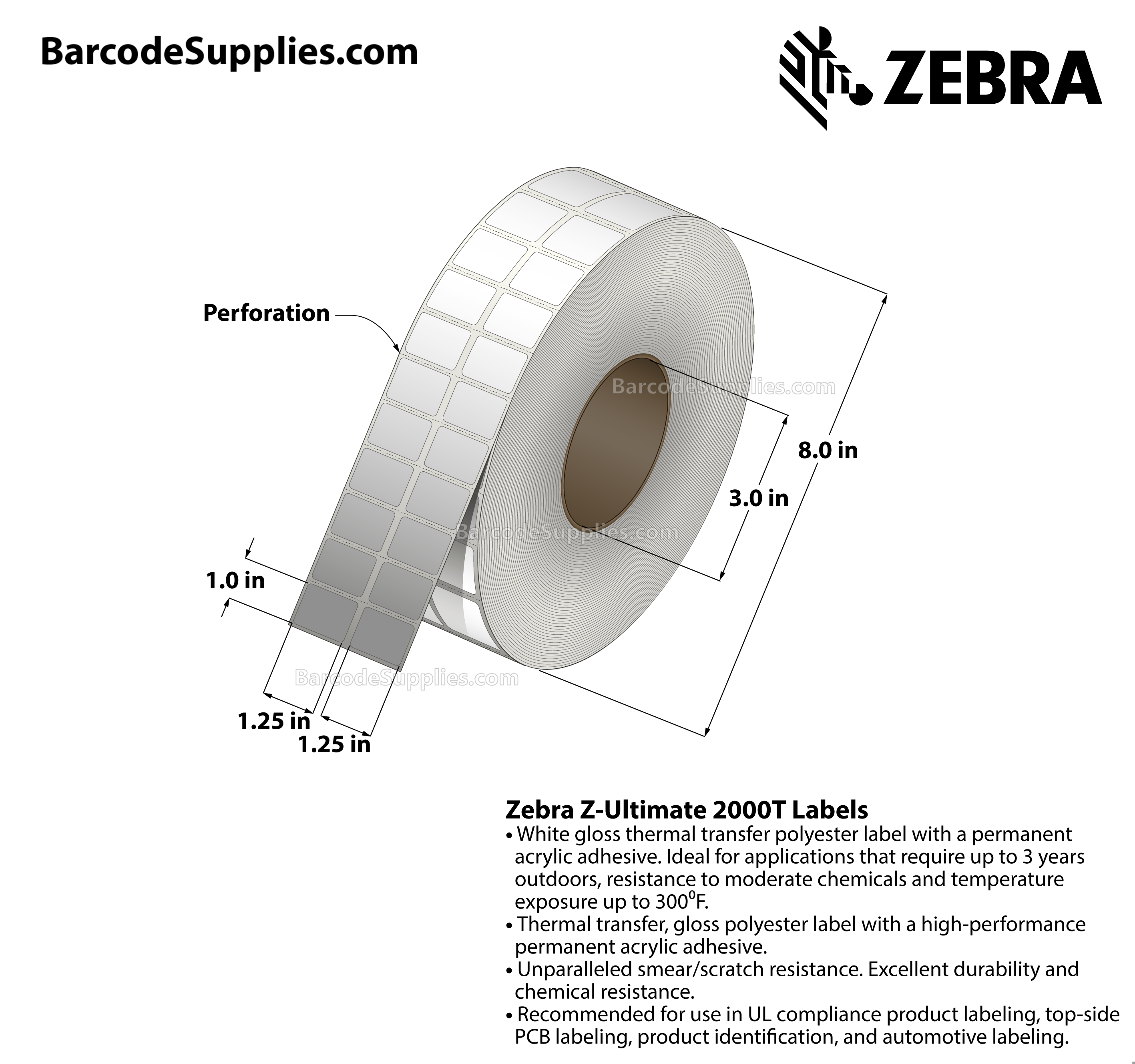 1.25 x 1 Thermal Transfer White Z-Ultimate 2000T (2-Across) Labels With Permanent Adhesive - Perforated - 10000 Labels Per Roll - Carton Of 1 Rolls - 10000 Labels Total - MPN: 10023017