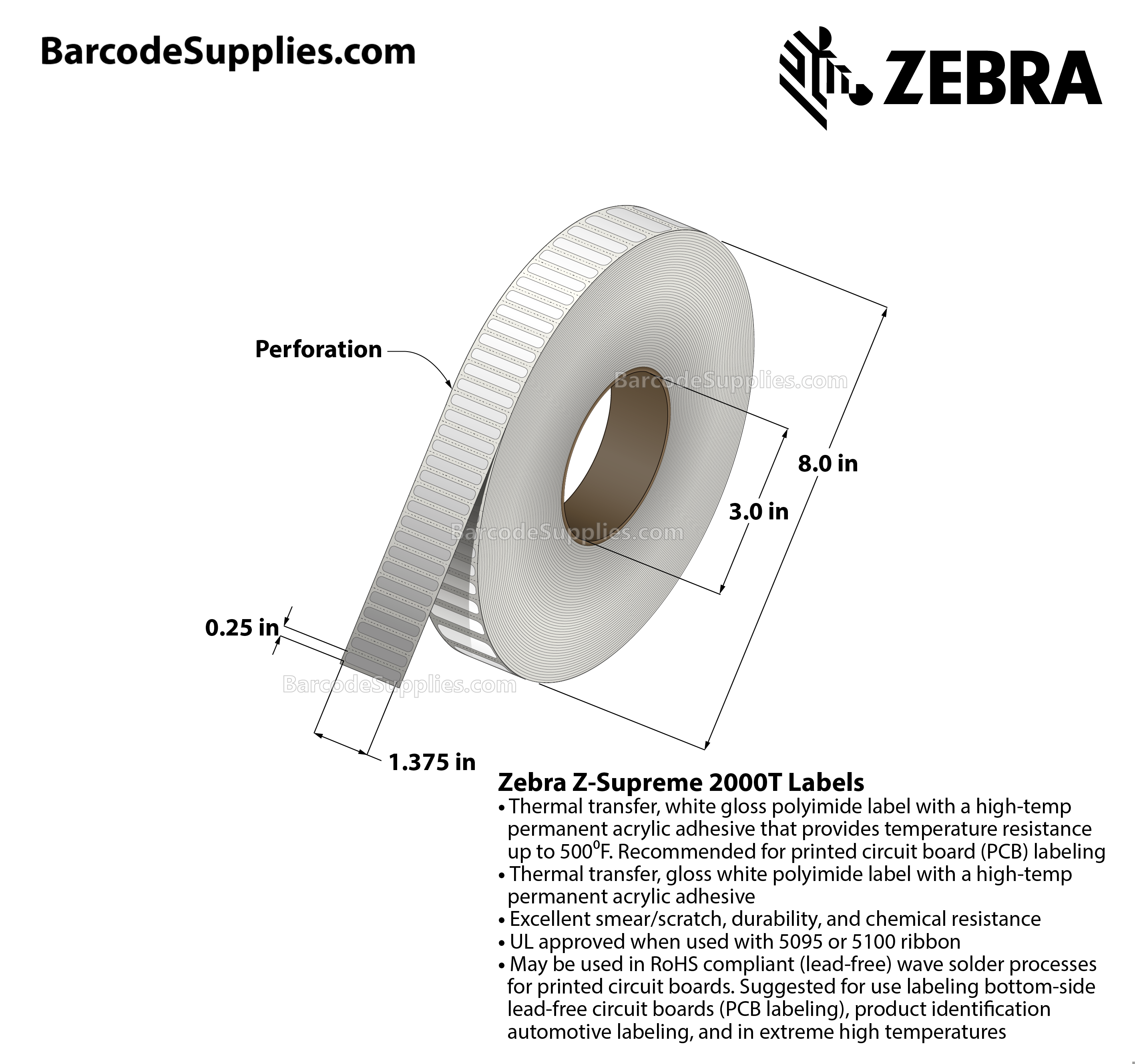 1.375 x 0.25 Thermal Transfer White Z-Supreme 2000T Labels With High-temp Adhesive - Perforated - 10000 Labels Per Roll - Carton Of 1 Rolls - 10000 Labels Total - MPN: 10023207