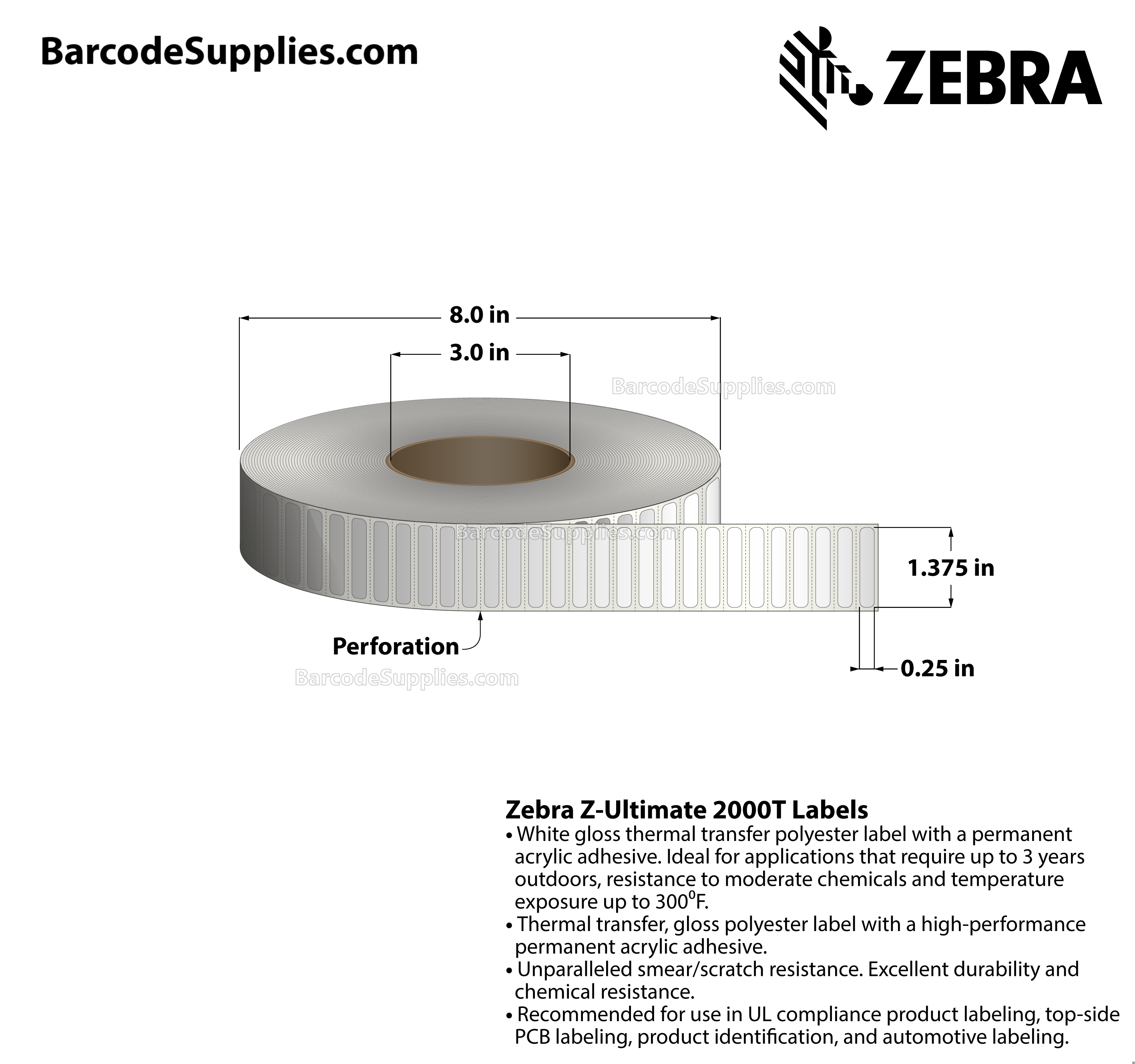 1.375 x 0.25 Thermal Transfer White Z-Ultimate 2000T Labels With Permanent Adhesive - Perforated - 10000 Labels Per Roll - Carton Of 1 Rolls - 10000 Labels Total - MPN: 10022988