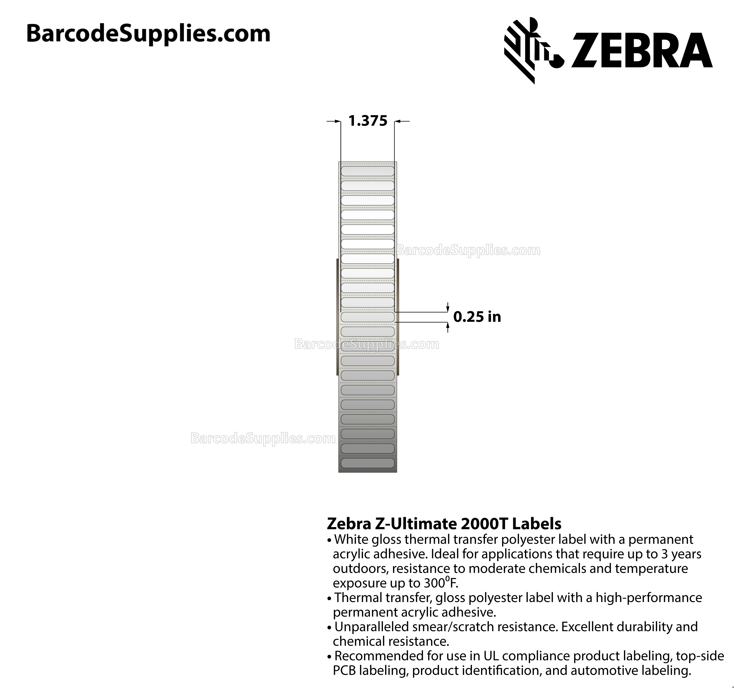 1.375 x 0.25 Thermal Transfer White Z-Ultimate 2000T Labels With Permanent Adhesive - Perforated - 10000 Labels Per Roll - Carton Of 1 Rolls - 10000 Labels Total - MPN: 10022988