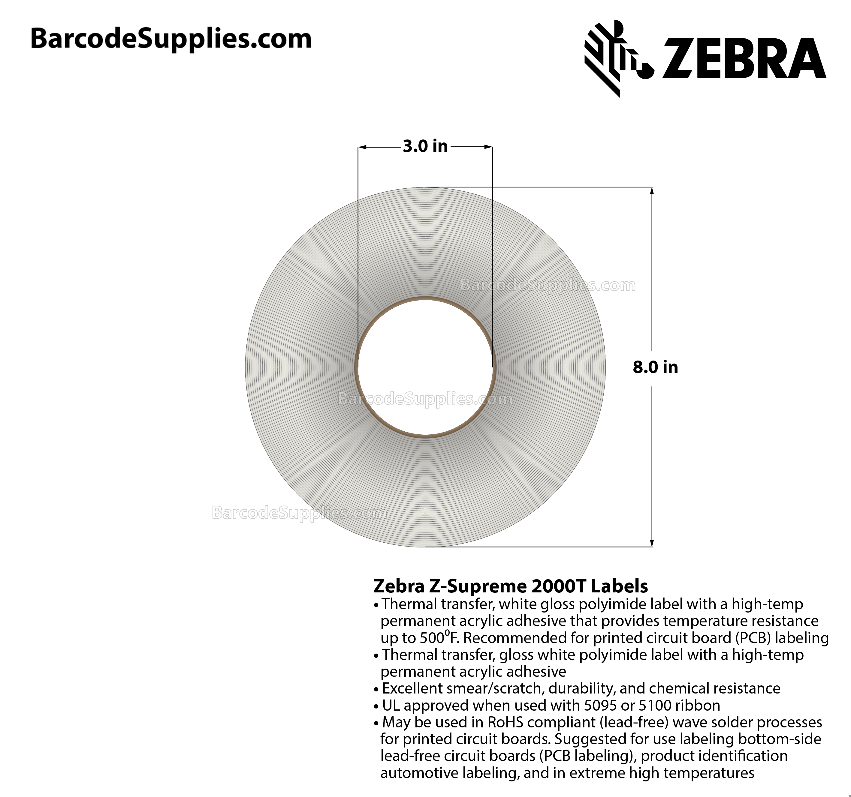 1.375 x 0.25 Thermal Transfer White Z-Supreme 2000T Labels With High-temp Adhesive - Perforated - 10000 Labels Per Roll - Carton Of 1 Rolls - 10000 Labels Total - MPN: 10023207