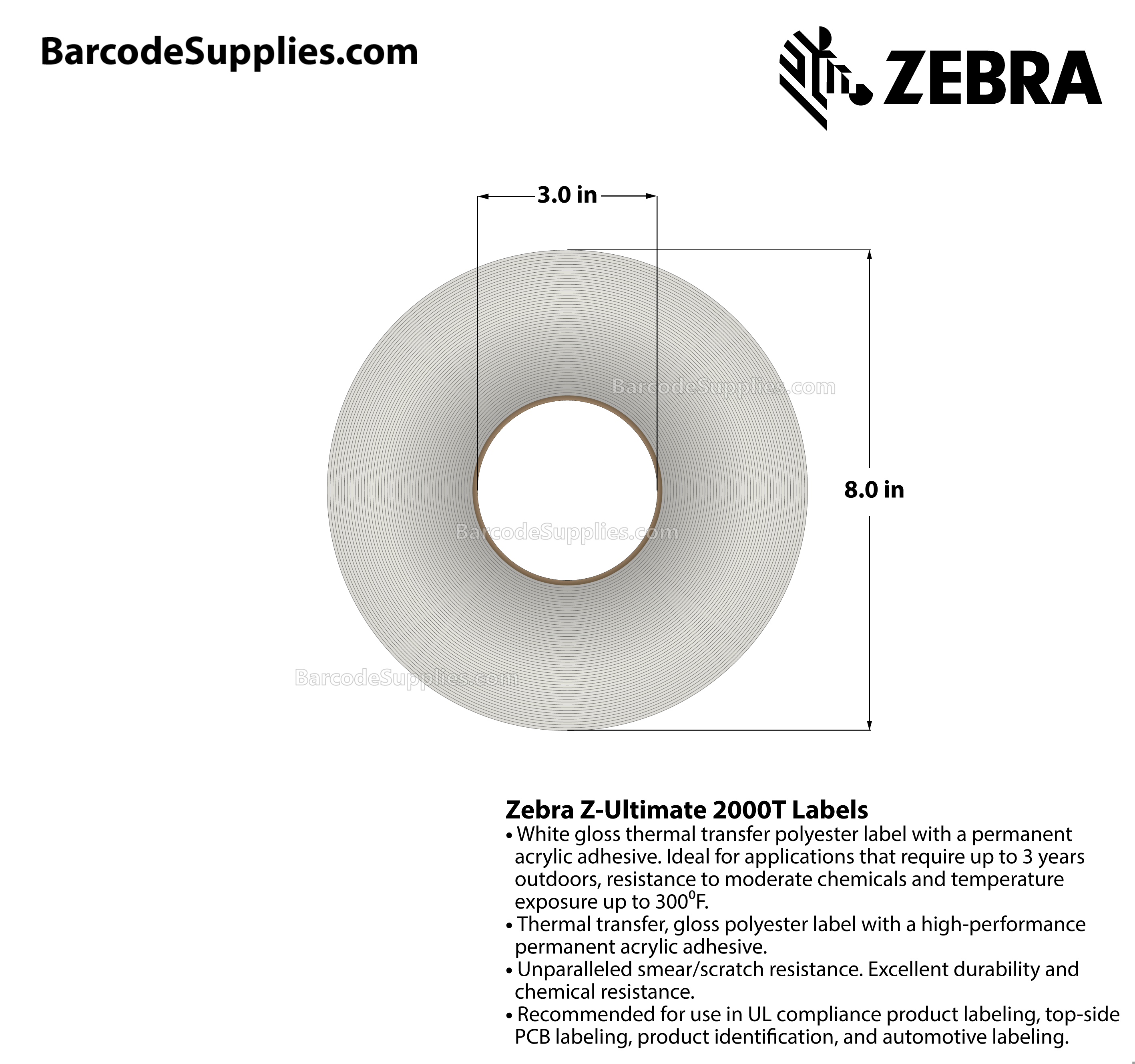 1.375 x 0.25 Thermal Transfer White Z-Ultimate 2000T Labels With Permanent Adhesive - Perforated - 10000 Labels Per Roll - Carton Of 1 Rolls - 10000 Labels Total - MPN: 10022988