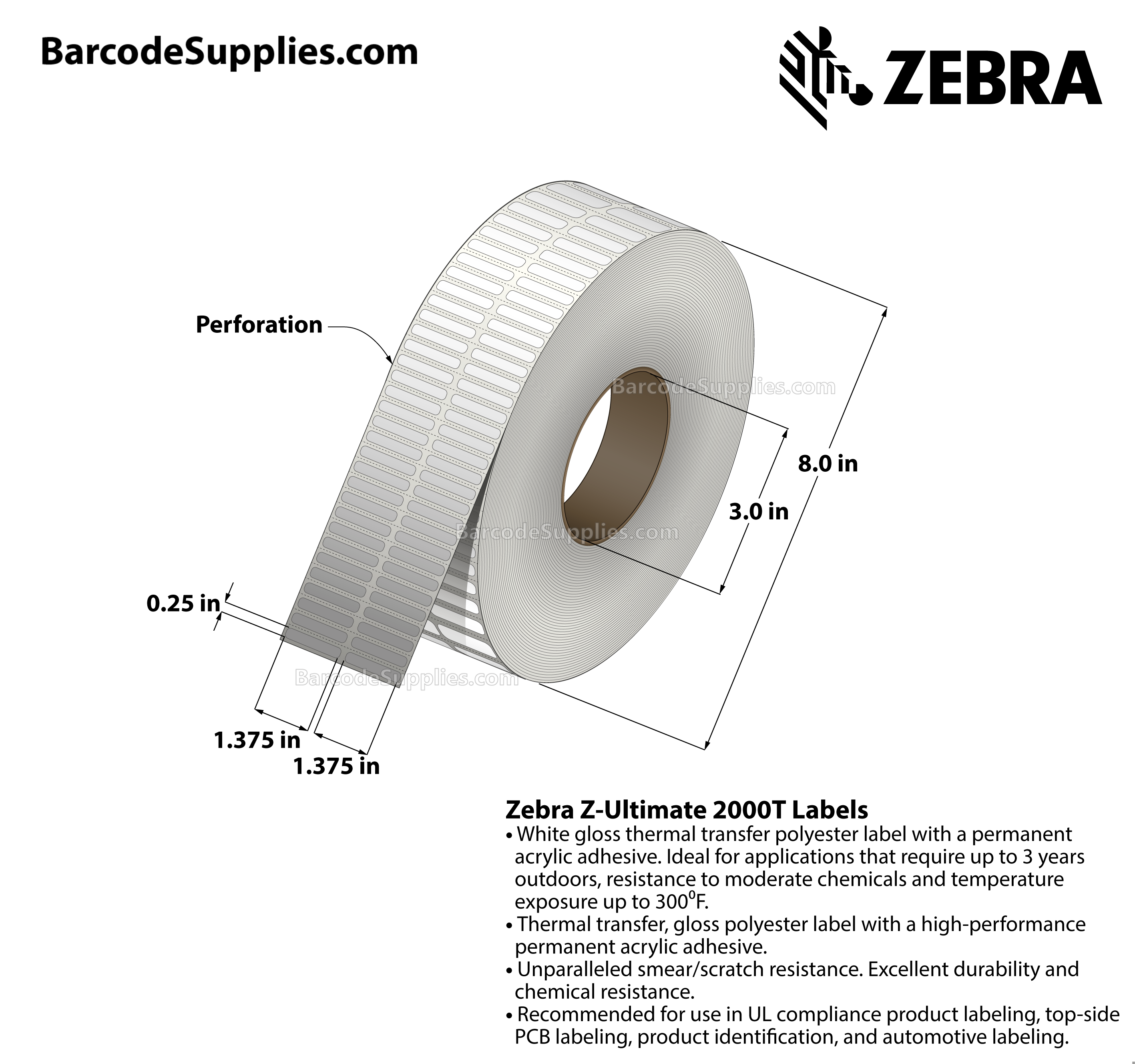 1.375 x 0.25 Thermal Transfer White Z-Ultimate 2000T (2-Across) Labels With Permanent Adhesive - Perforated - 10000 Labels Per Roll - Carton Of 1 Rolls - 10000 Labels Total - MPN: 10022989