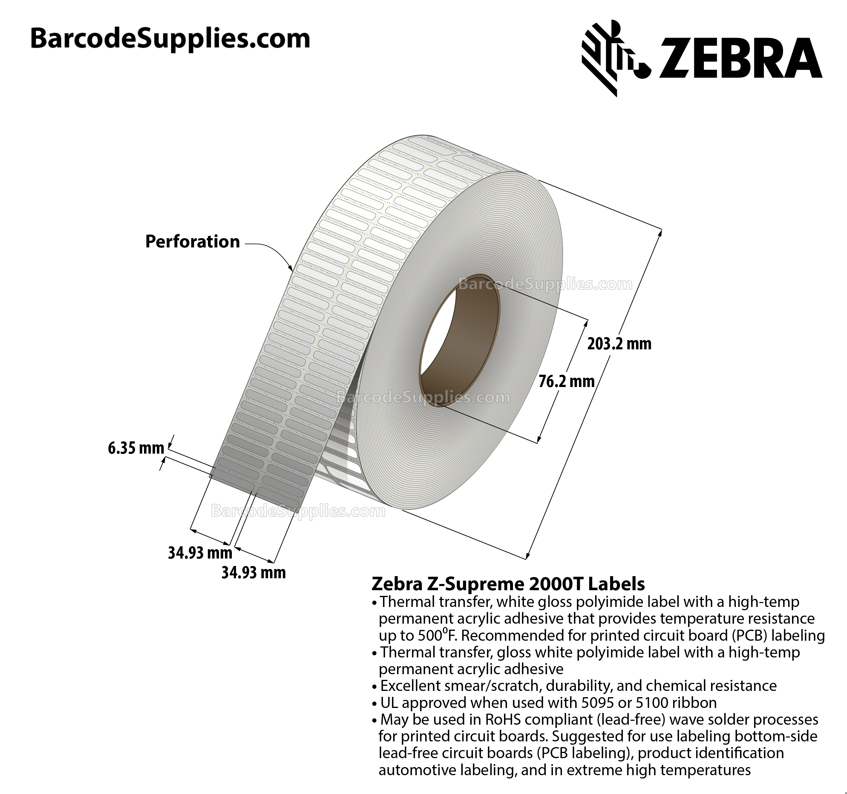 1.375 x 0.25 Thermal Transfer White Z-Supreme 2000T (2-Across) Labels With High-temp Adhesive - Perforated - 10000 Labels Per Roll - Carton Of 1 Rolls - 10000 Labels Total - MPN: 10023208