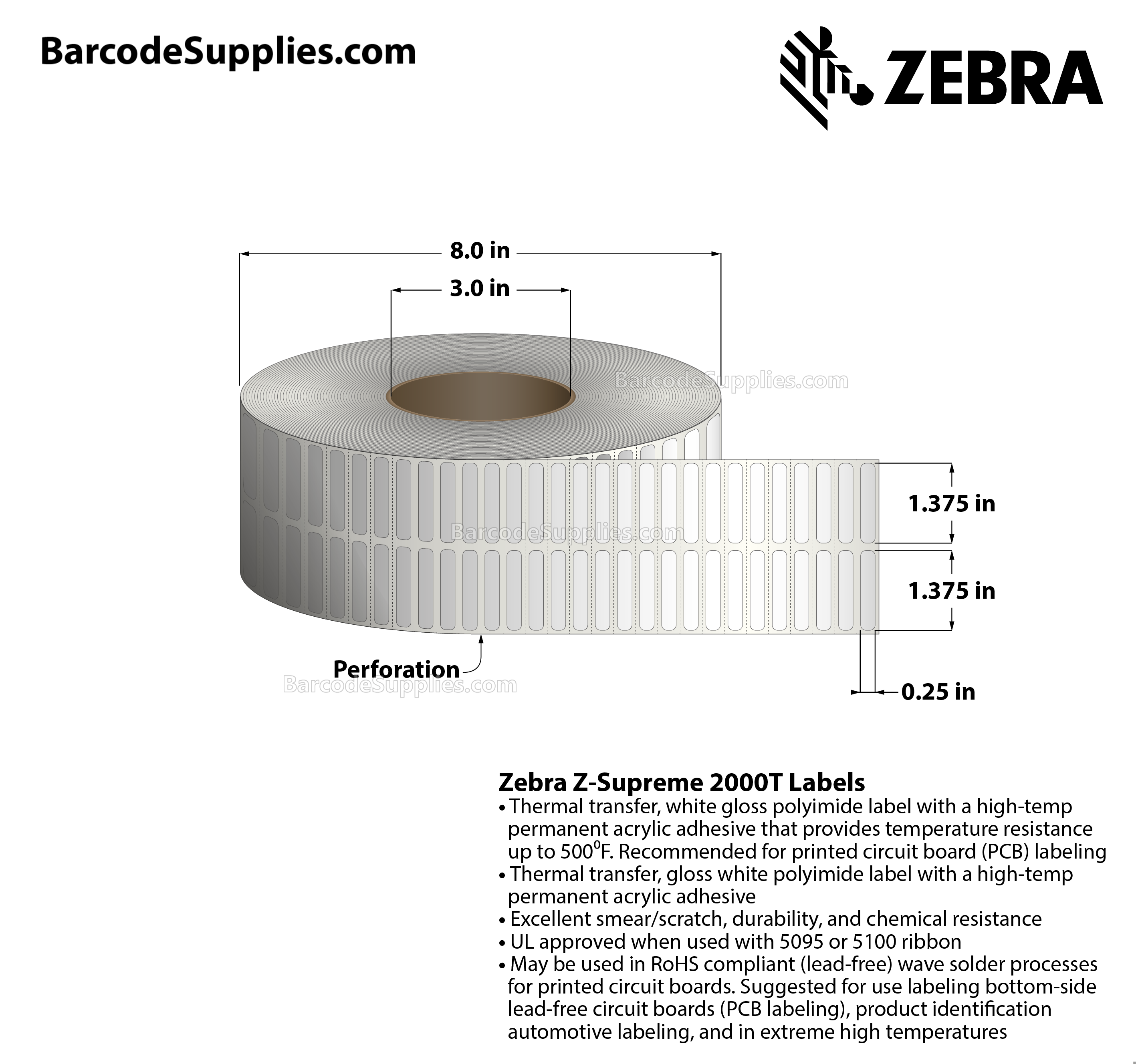 1.375 x 0.25 Thermal Transfer White Z-Supreme 2000T (2-Across) Labels With High-temp Adhesive - Perforated - 10000 Labels Per Roll - Carton Of 1 Rolls - 10000 Labels Total - MPN: 10023208