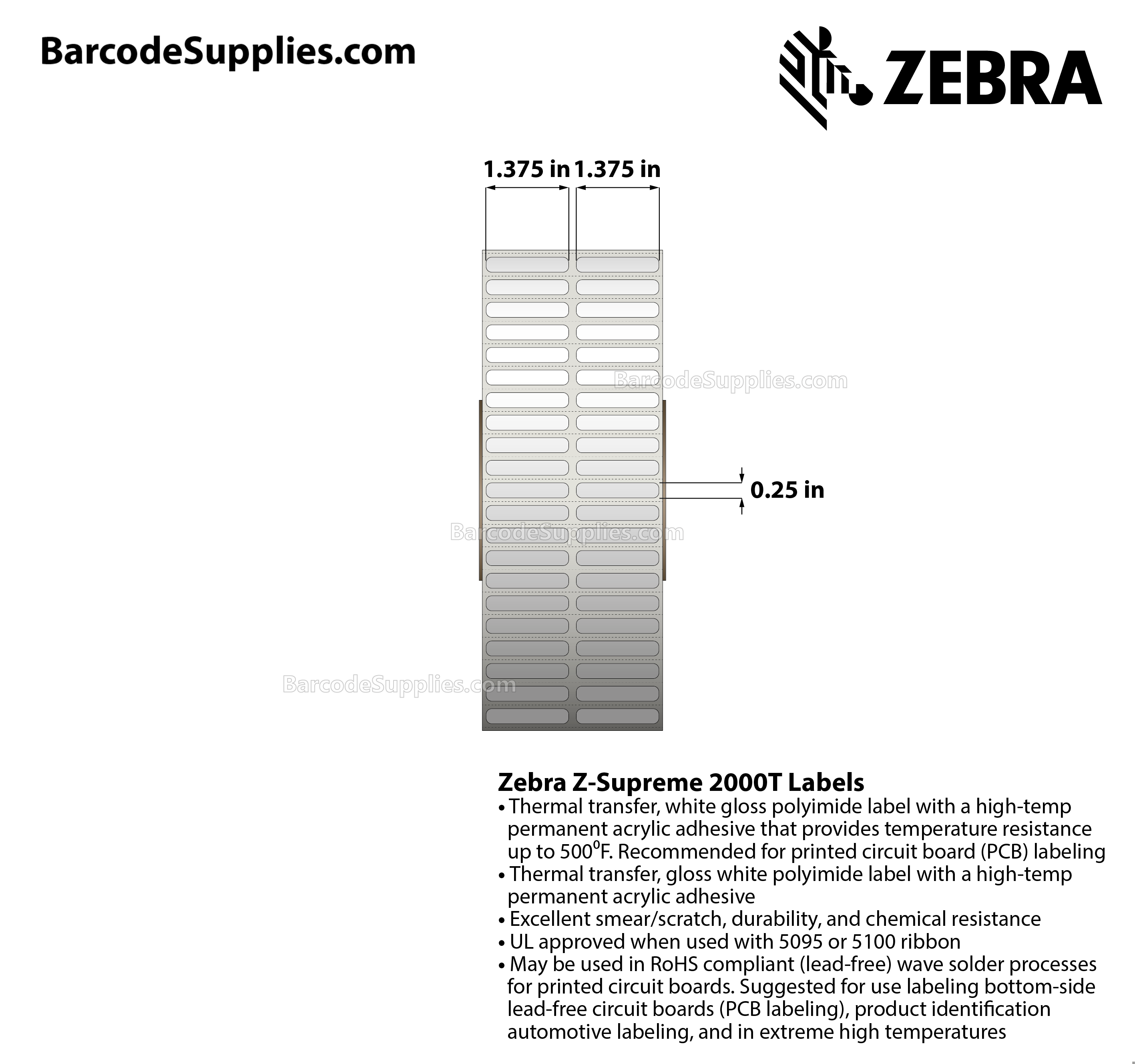 1.375 x 0.25 Thermal Transfer White Z-Supreme 2000T (2-Across) Labels With High-temp Adhesive - Perforated - 10000 Labels Per Roll - Carton Of 1 Rolls - 10000 Labels Total - MPN: 10023208