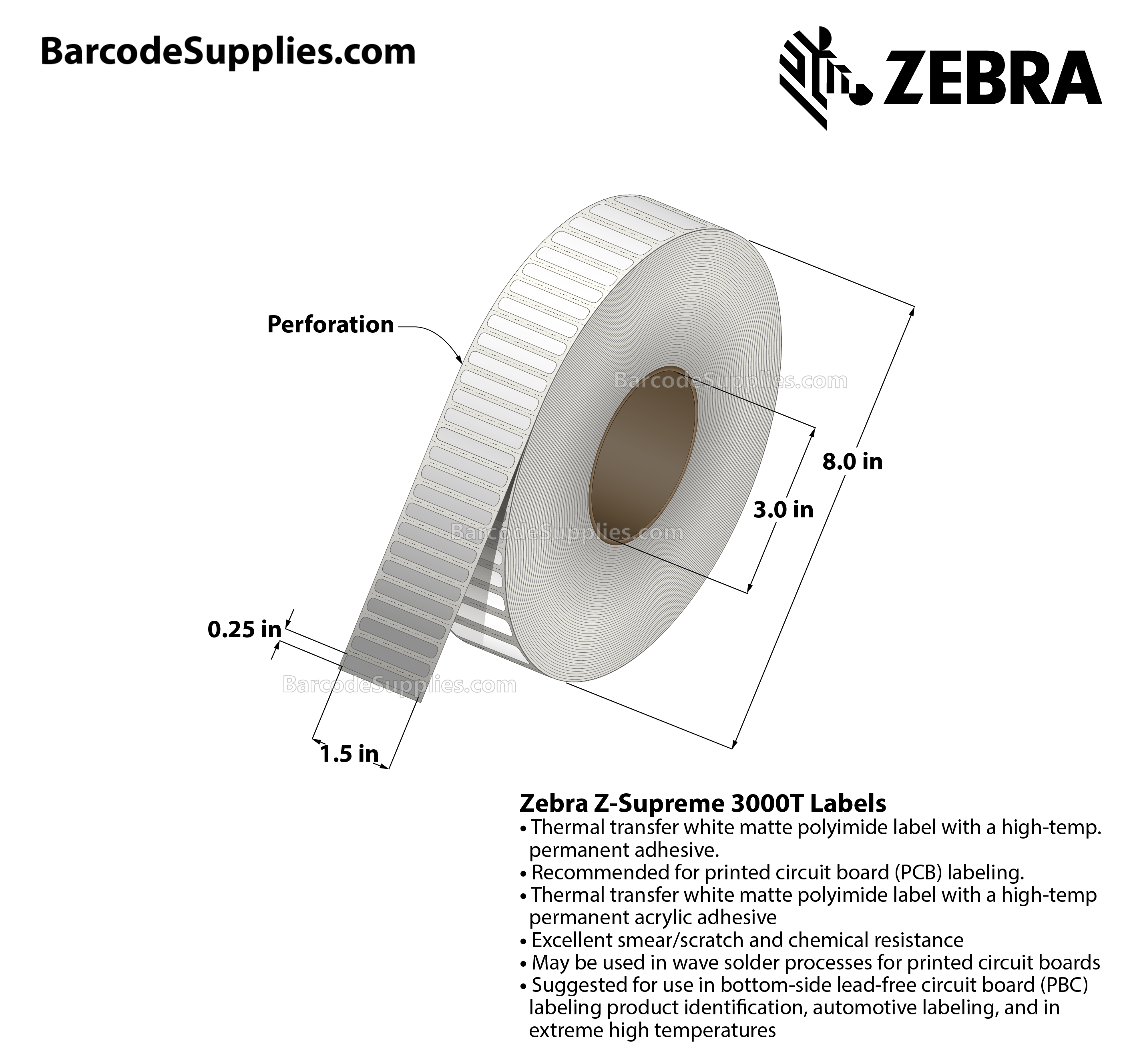 1.5 x 0.25 Thermal Transfer White Z-Supreme 3000T Labels With High-temp Adhesive - Perforated - 10000 Labels Per Roll - Carton Of 1 Rolls - 10000 Labels Total - MPN: 10023307
