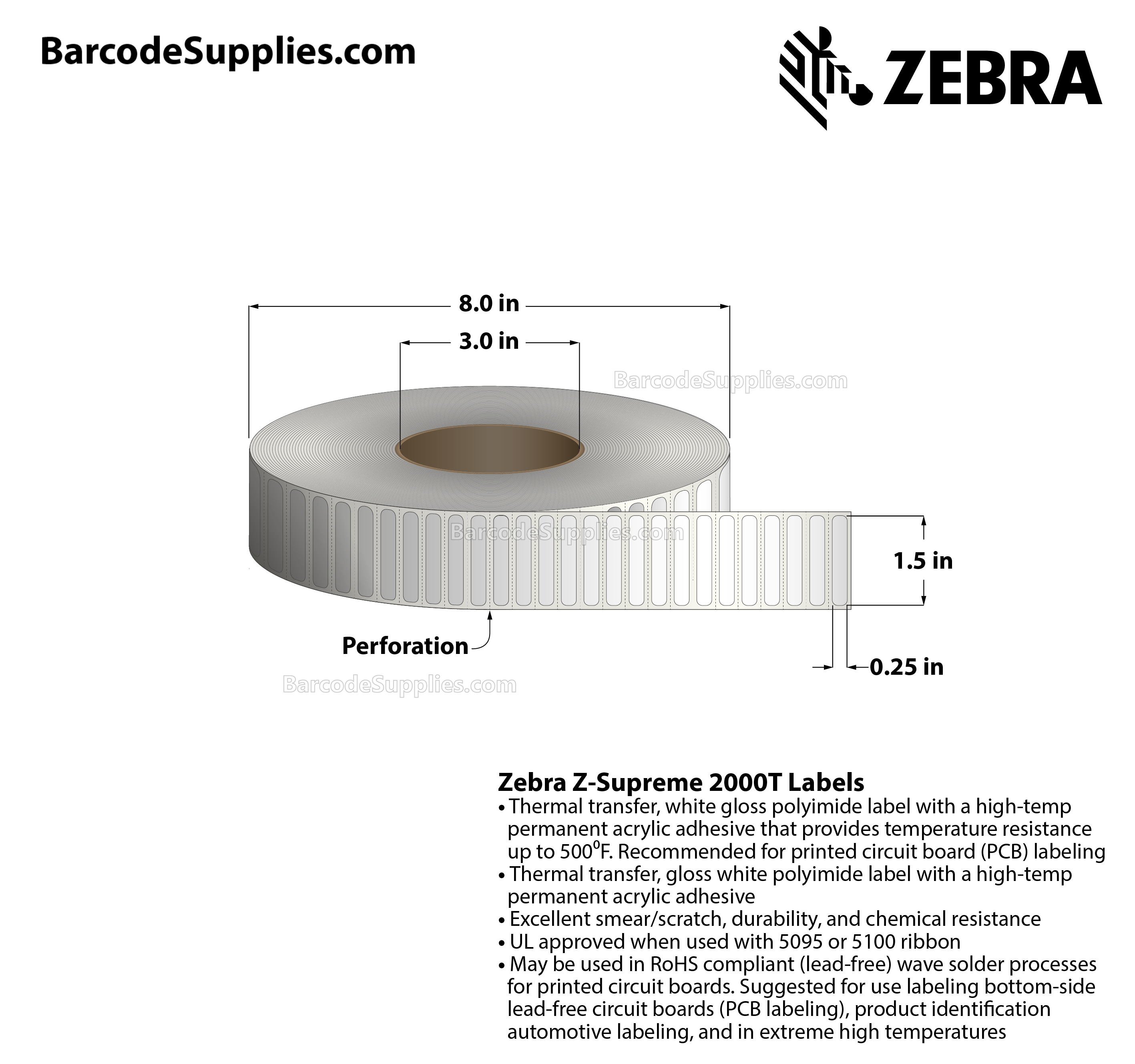 1.5 x 0.25 Thermal Transfer White Z-Supreme 2000T White Labels With High-temp Adhesive - Perforated - 10000 Labels Per Roll - Carton Of 1 Rolls - 10000 Labels Total - MPN: 10015766