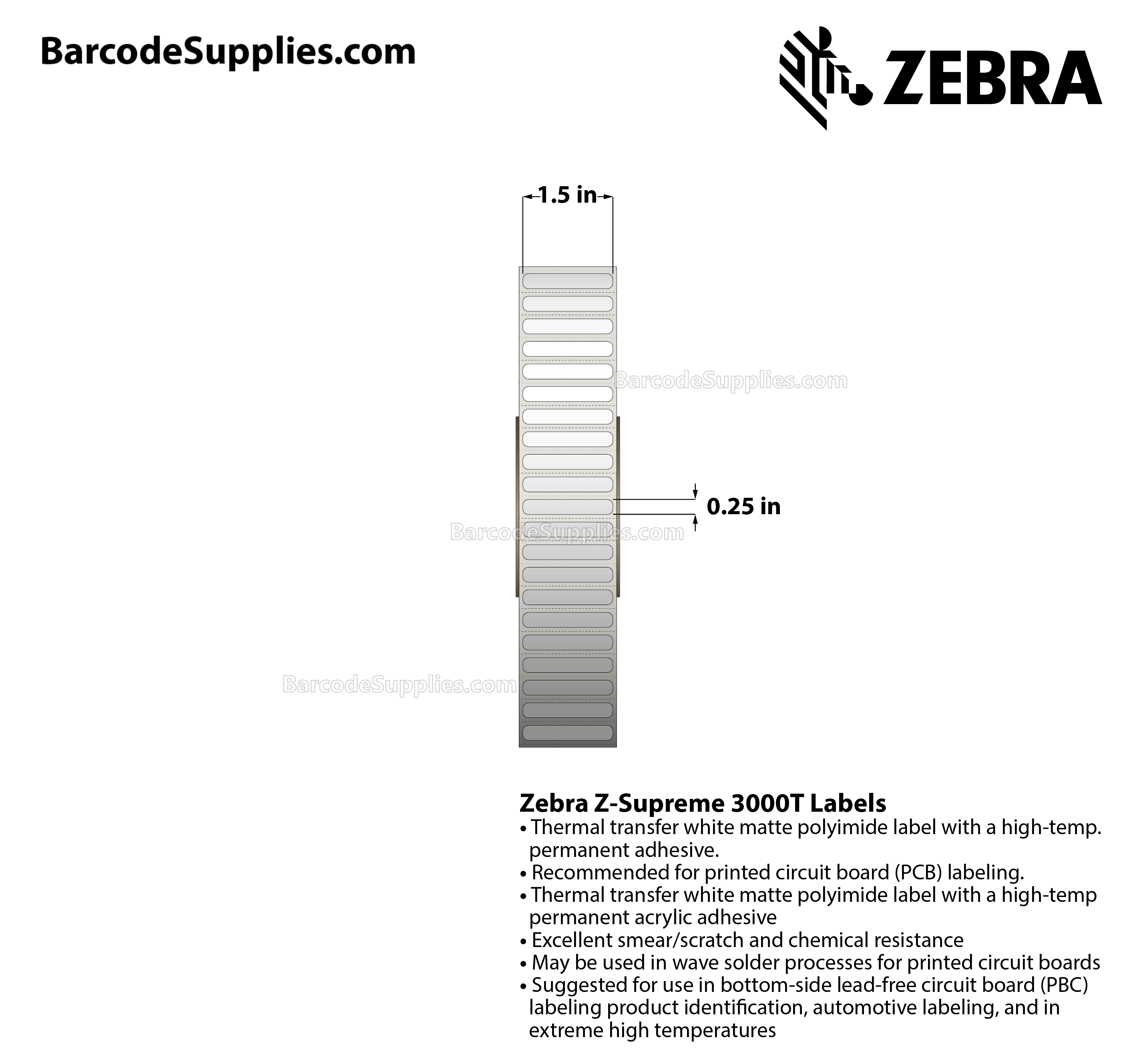 1.5 x 0.25 Thermal Transfer White Z-Supreme 3000T Labels With High-temp Adhesive - Perforated - 10000 Labels Per Roll - Carton Of 1 Rolls - 10000 Labels Total - MPN: 10023307