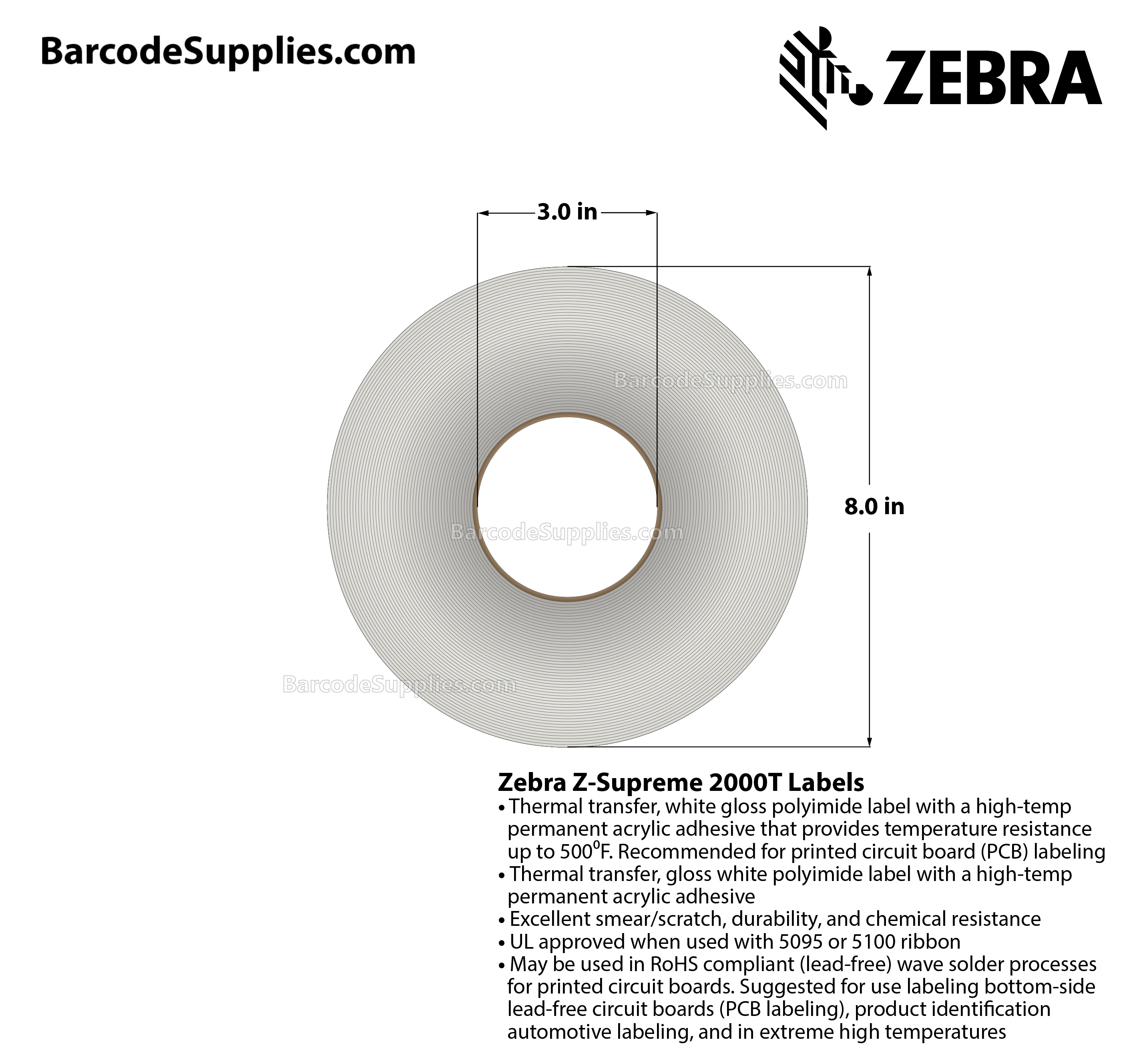 1.5 x 0.25 Thermal Transfer White Z-Supreme 2000T White Labels With High-temp Adhesive - Perforated - 10000 Labels Per Roll - Carton Of 1 Rolls - 10000 Labels Total - MPN: 10015766